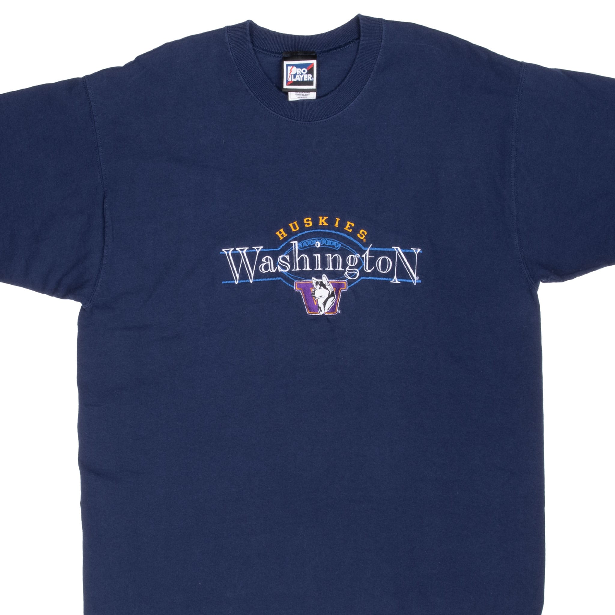 Front of navy Washington Huskies T-shirt with embroidered chest logo