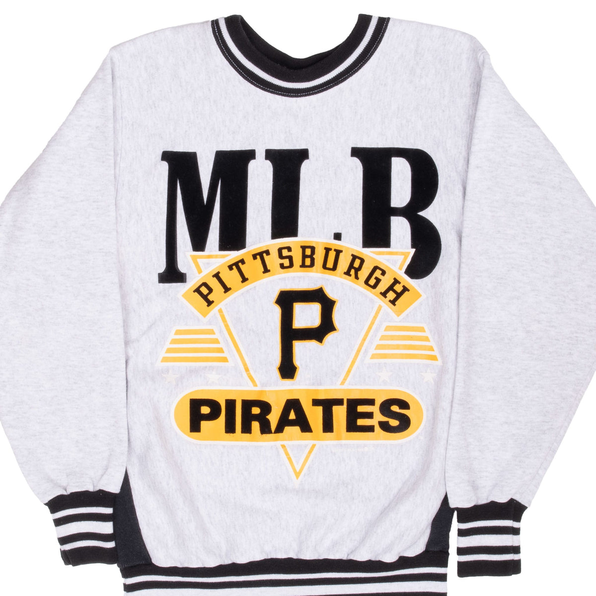 Front of light gray Pittsburgh Pirates crewneck with black and gold MLB graphic and striped ribbing