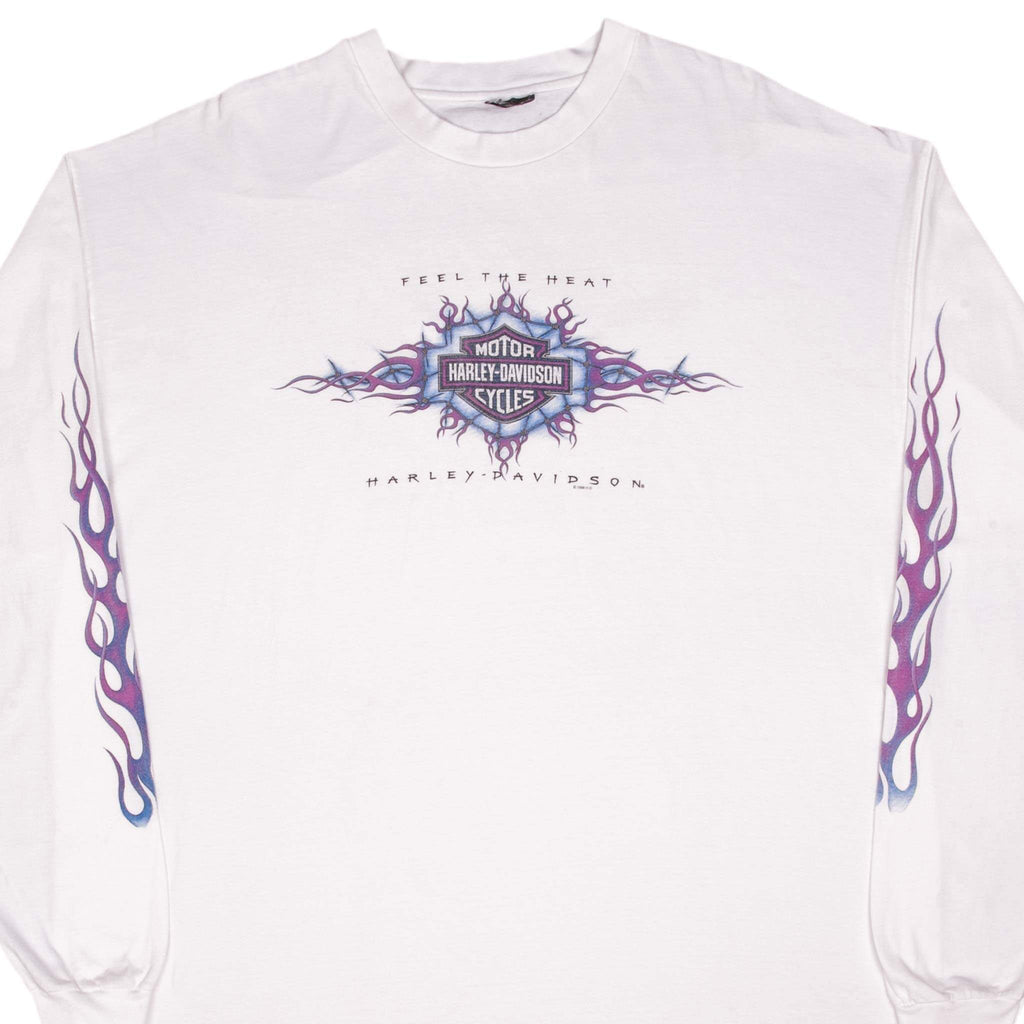 Vintage Harley Davidson Feel The Heat Santa Fe Long Sleeves Flame Tee Shirt 1998 Size 2XL Made In Usa