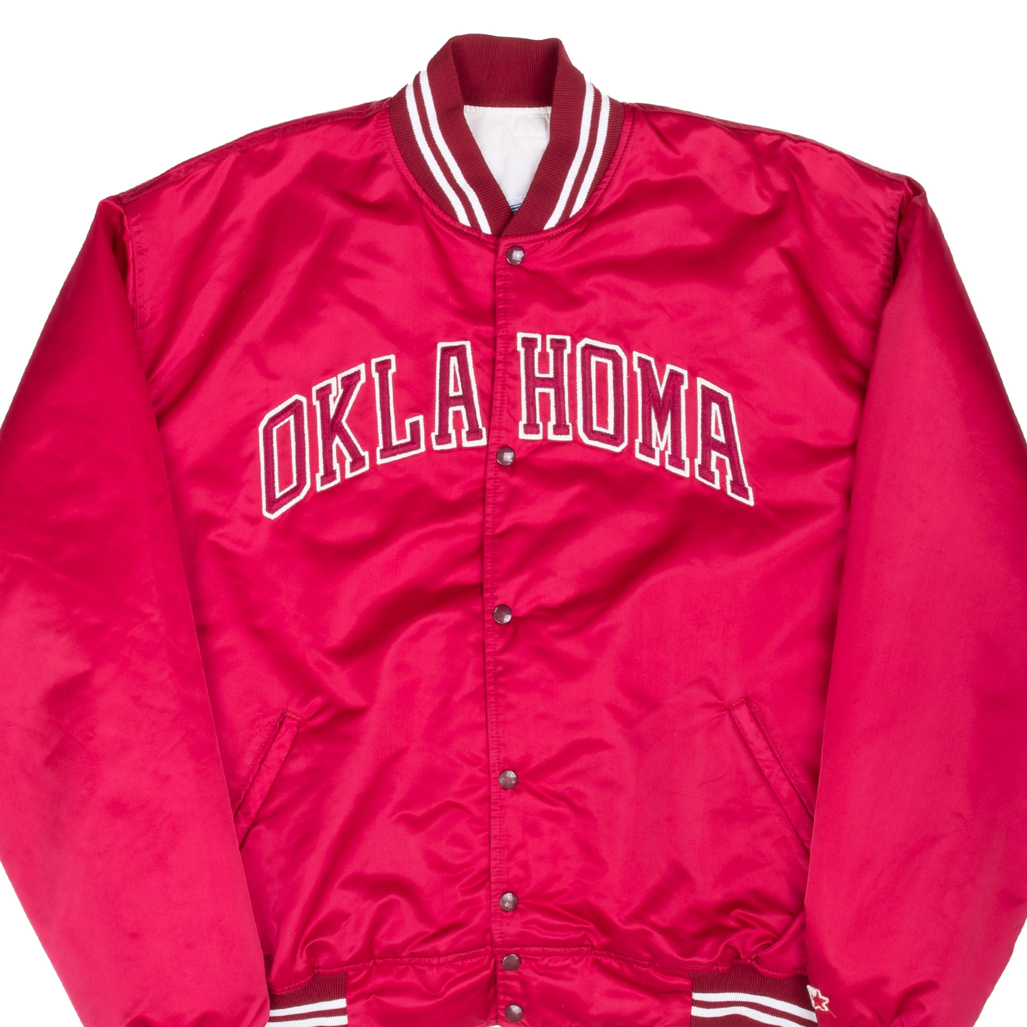 Vintage Oklahoma Red Satin Bomber Starter Jacket 1980S Size 2XL Made In Usa