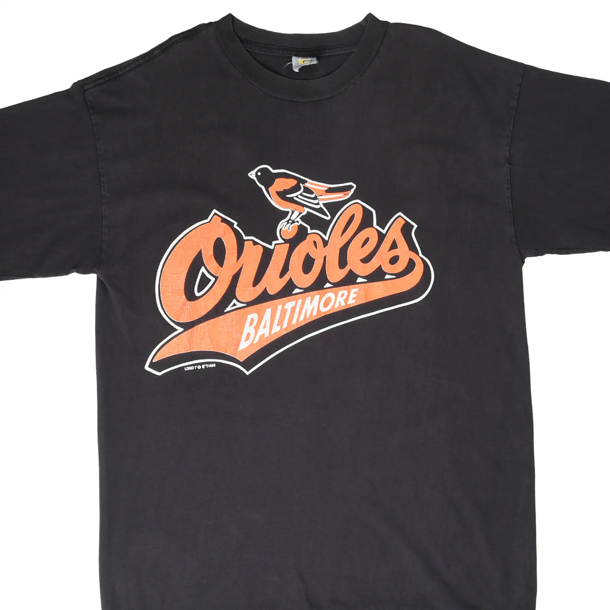 Front upper view of black Baltimore Orioles T-shirt with orange team logo and bird graphic