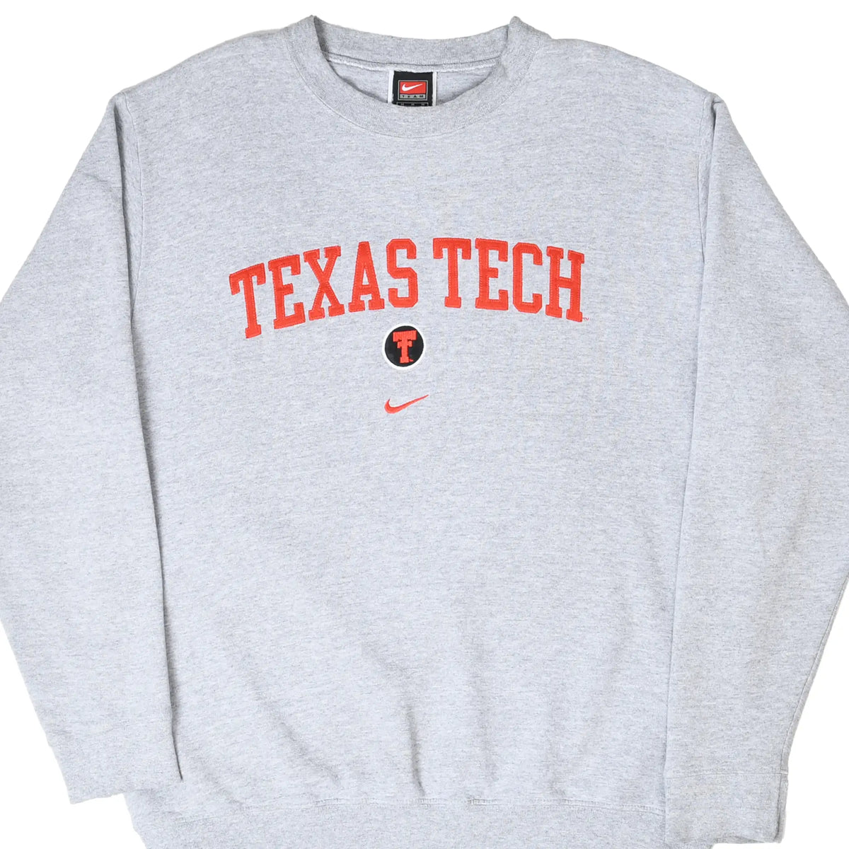 Front of grey Nike Texas Tech Red Raiders sweatshirt with red lettering and logos