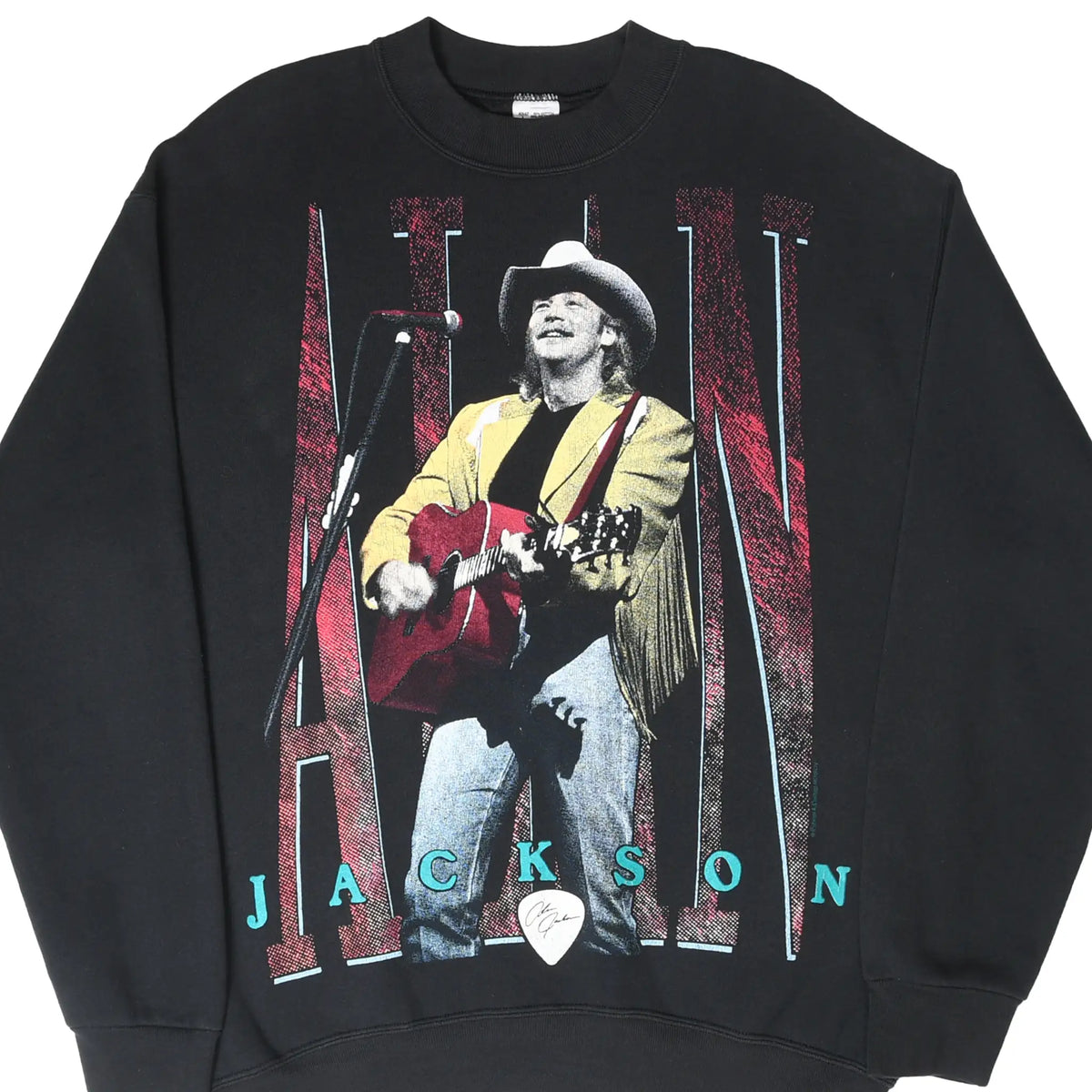 Front of black Alan Jackson sweatshirt with a concert graphic of him playing a red guitar
