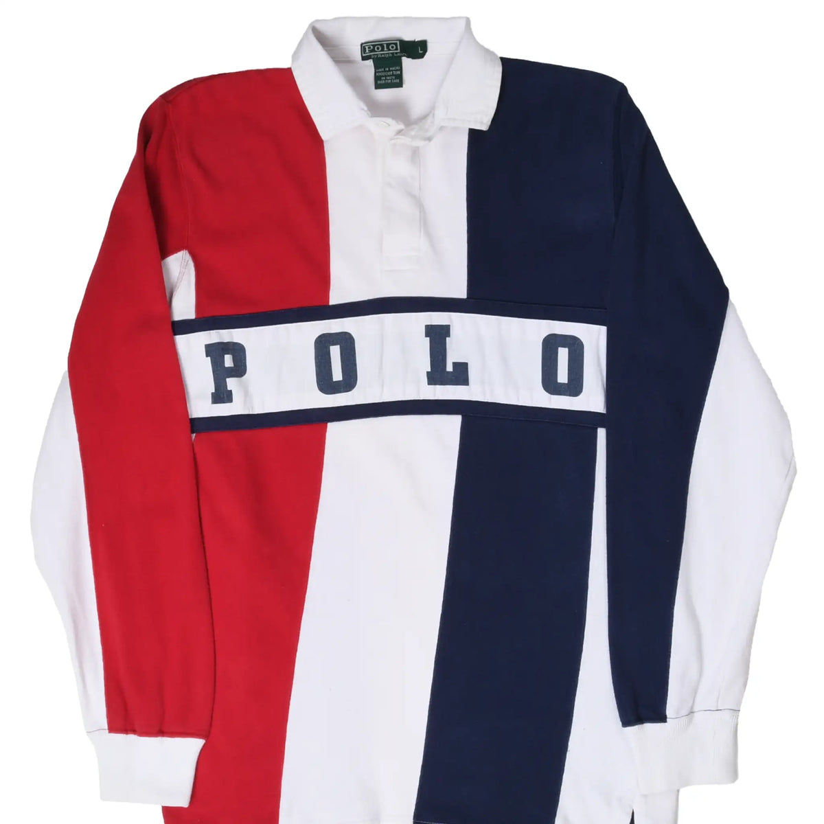 Front of Polo Ralph Lauren rugby shirt with red, white and navy panels and POLO chest lettering