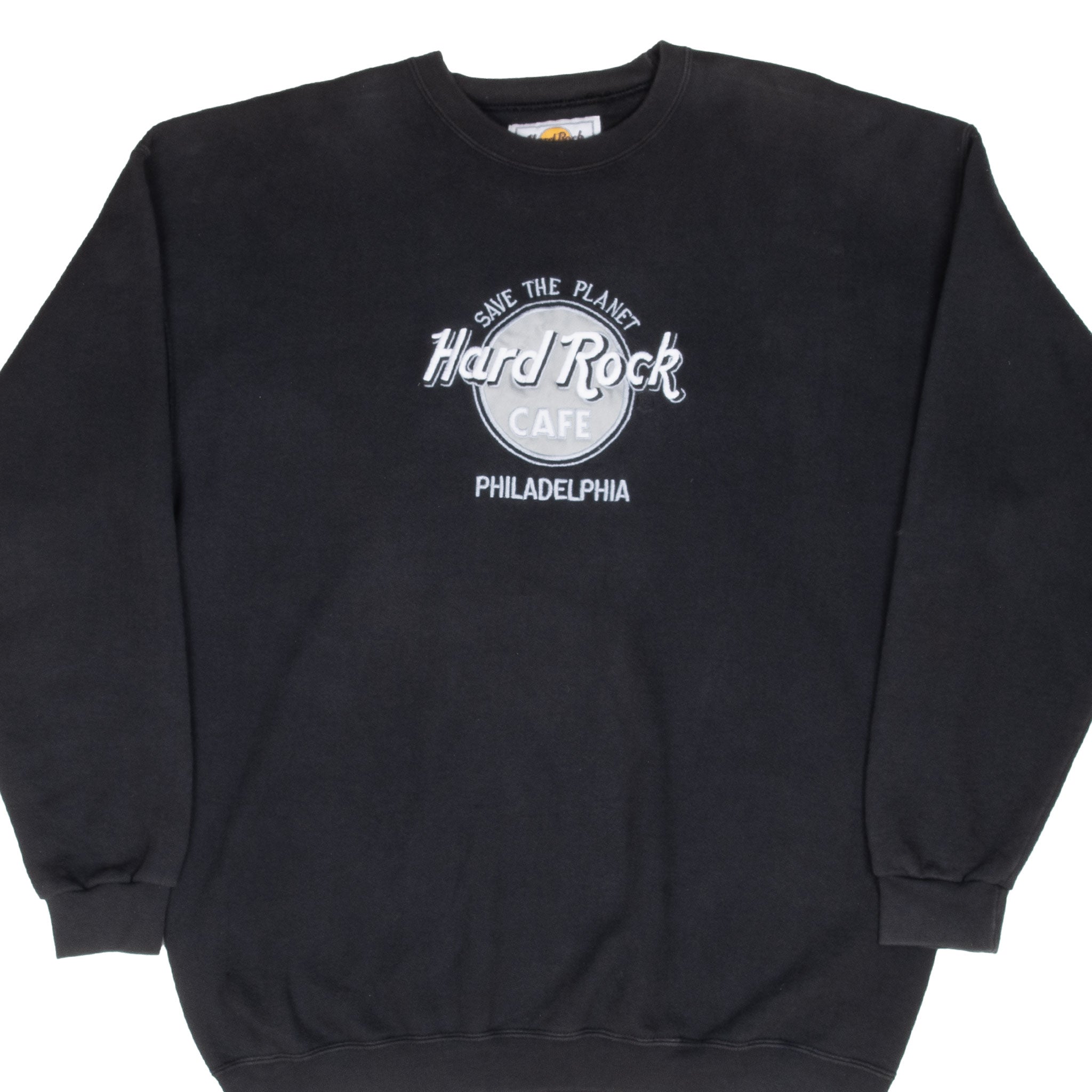 VINTAGE HARD ROCK CAFE PHILADELPHIA EMBROIDERED BLACK SWEATSHIRT 1990S XL MADE USA