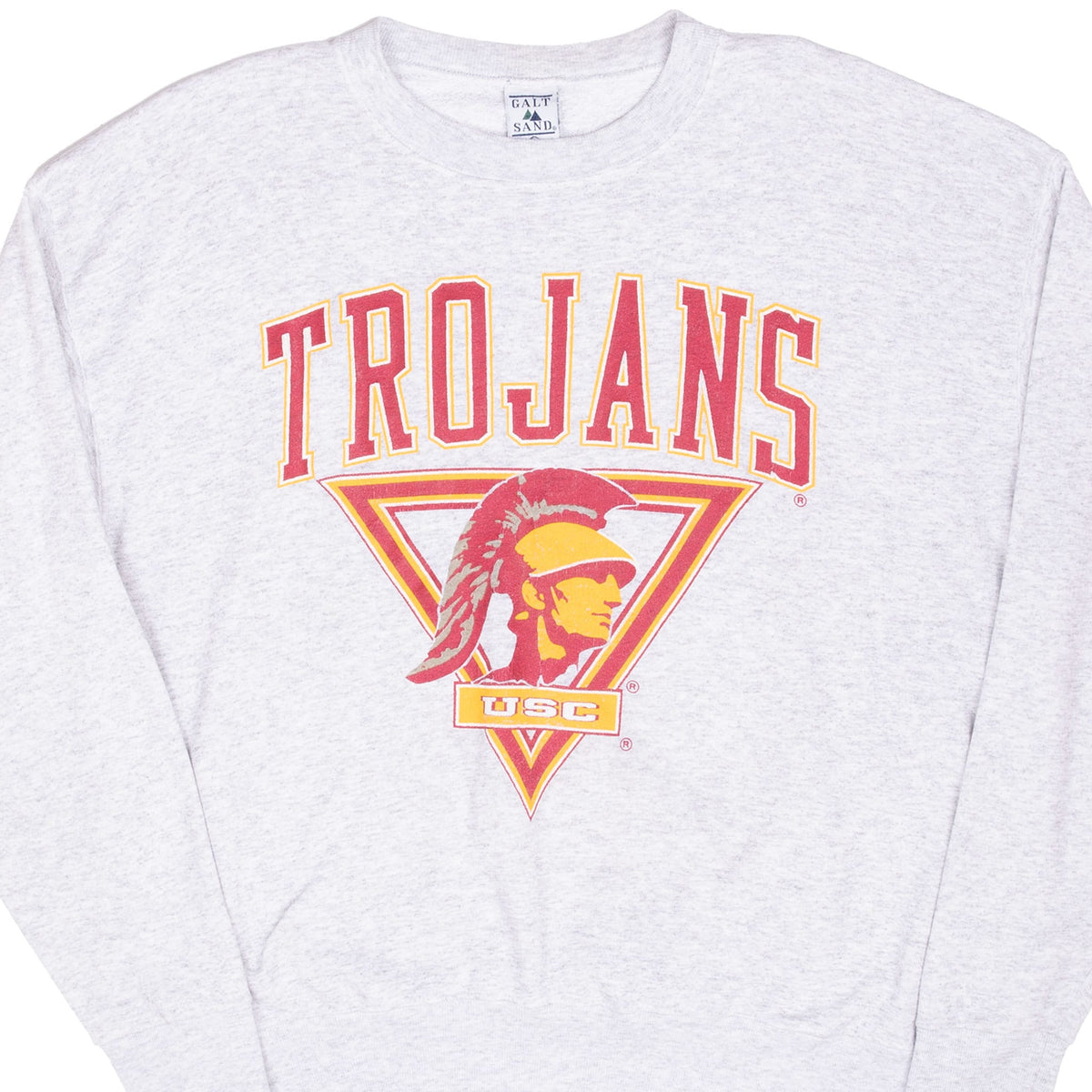 Front detail of grey USC Trojans sweatshirt with cardinal-and-gold Trojan head graphic