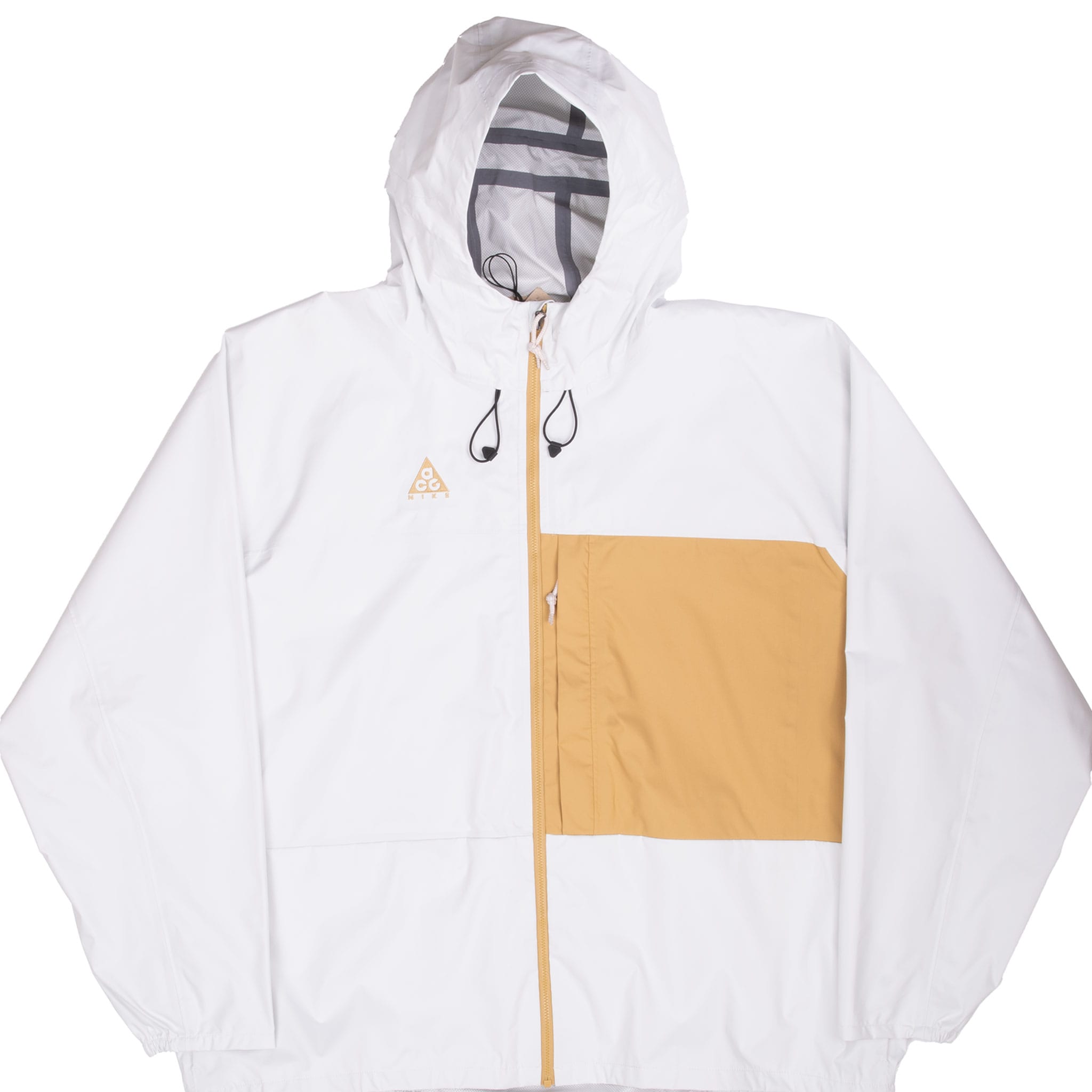 Front of white Nike ACG hooded windbreaker with tan color-block panel and full zipper