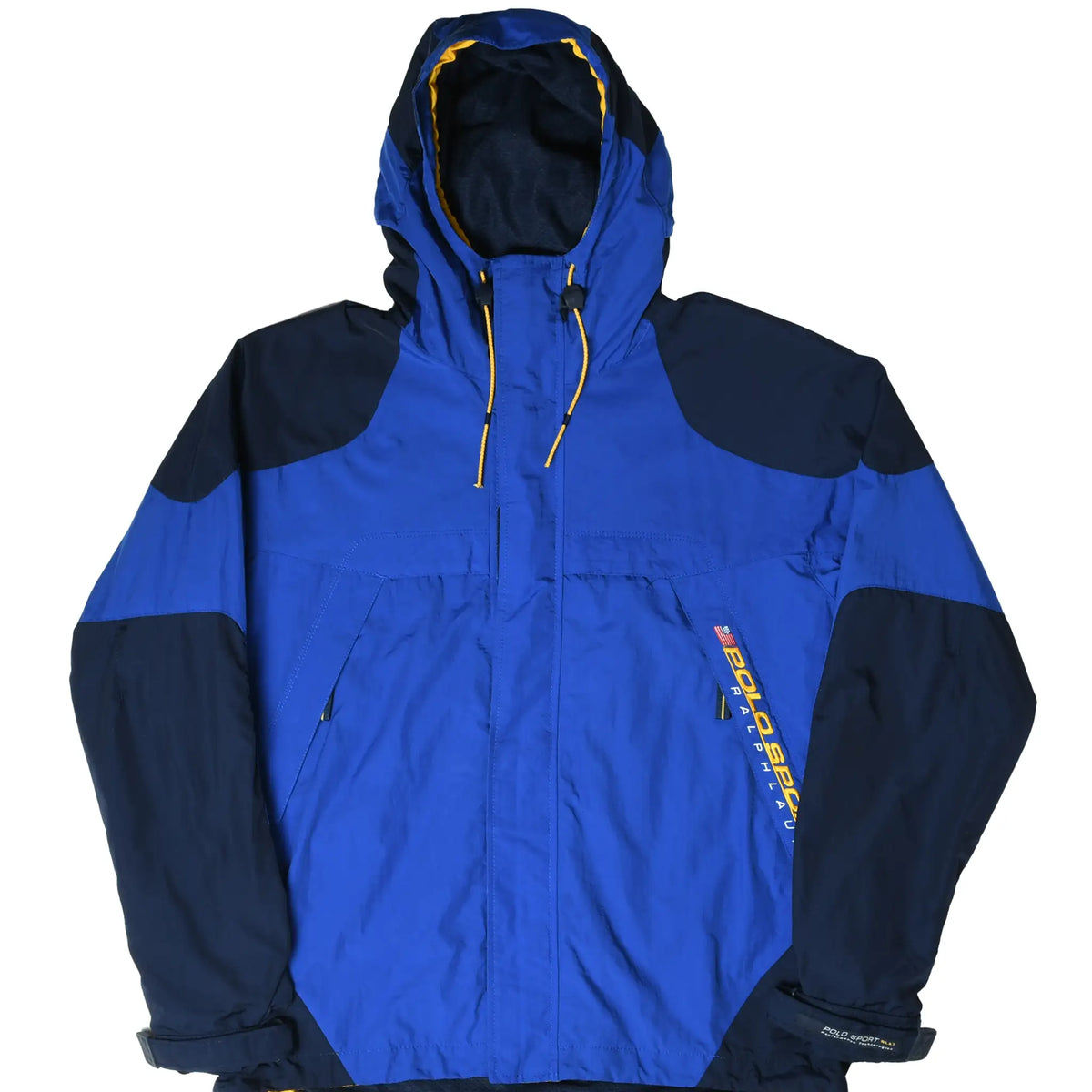 Front of blue and navy Polo Sport Ralph Lauren hooded windbreaker with yellow drawcords