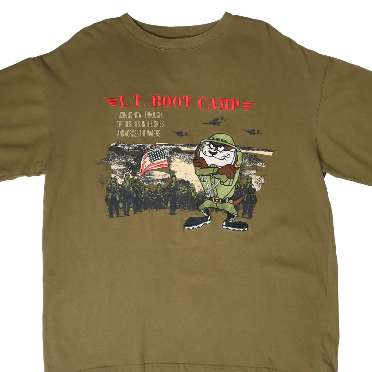 Close-up of olive green Looney Tunes T-shirt front with Taz L.T. Boot Camp graphic