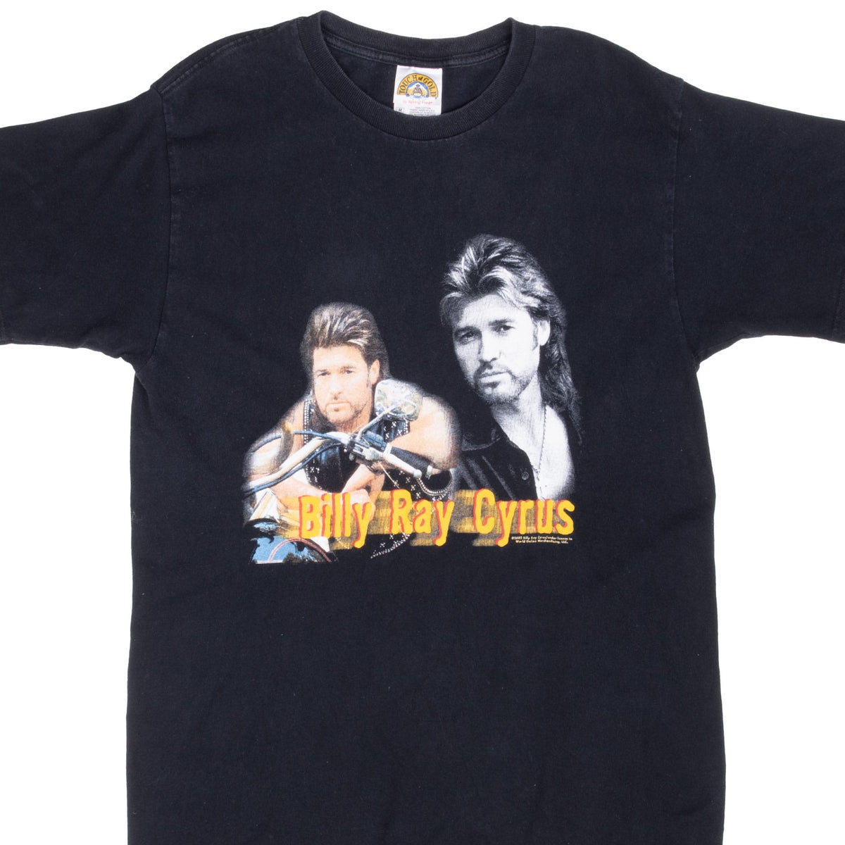 Front of black Billy Ray Cyrus T-shirt with portraits, motorcycle graphic, and yellow-red lettering