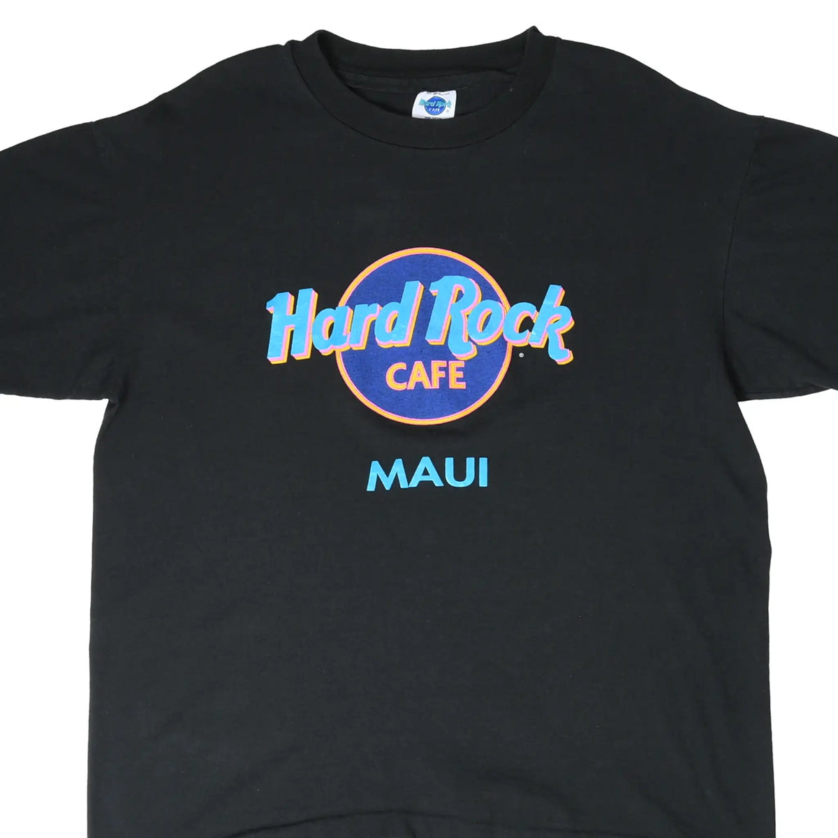 Front of black Hard Rock Cafe Maui T-shirt with blue, pink, and orange logo graphic