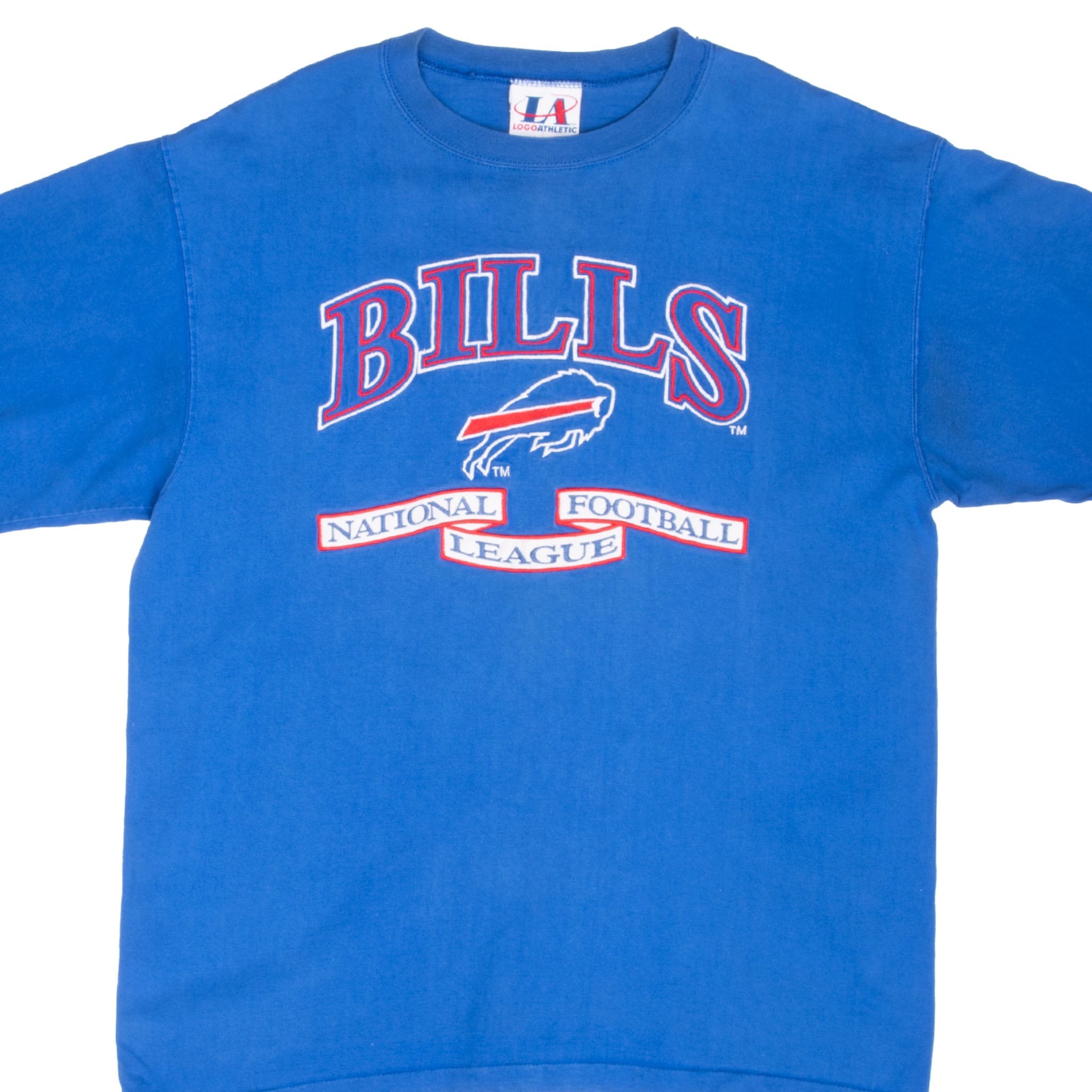 Front of blue Buffalo Bills NFL T-shirt with embroidered team name and charging buffalo logo