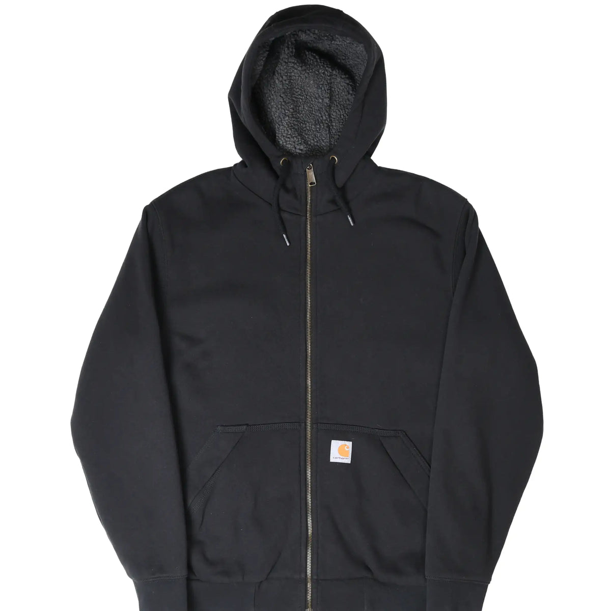 Front of black Carhartt full-zip hoodie with sherpa-lined hood and logo patch