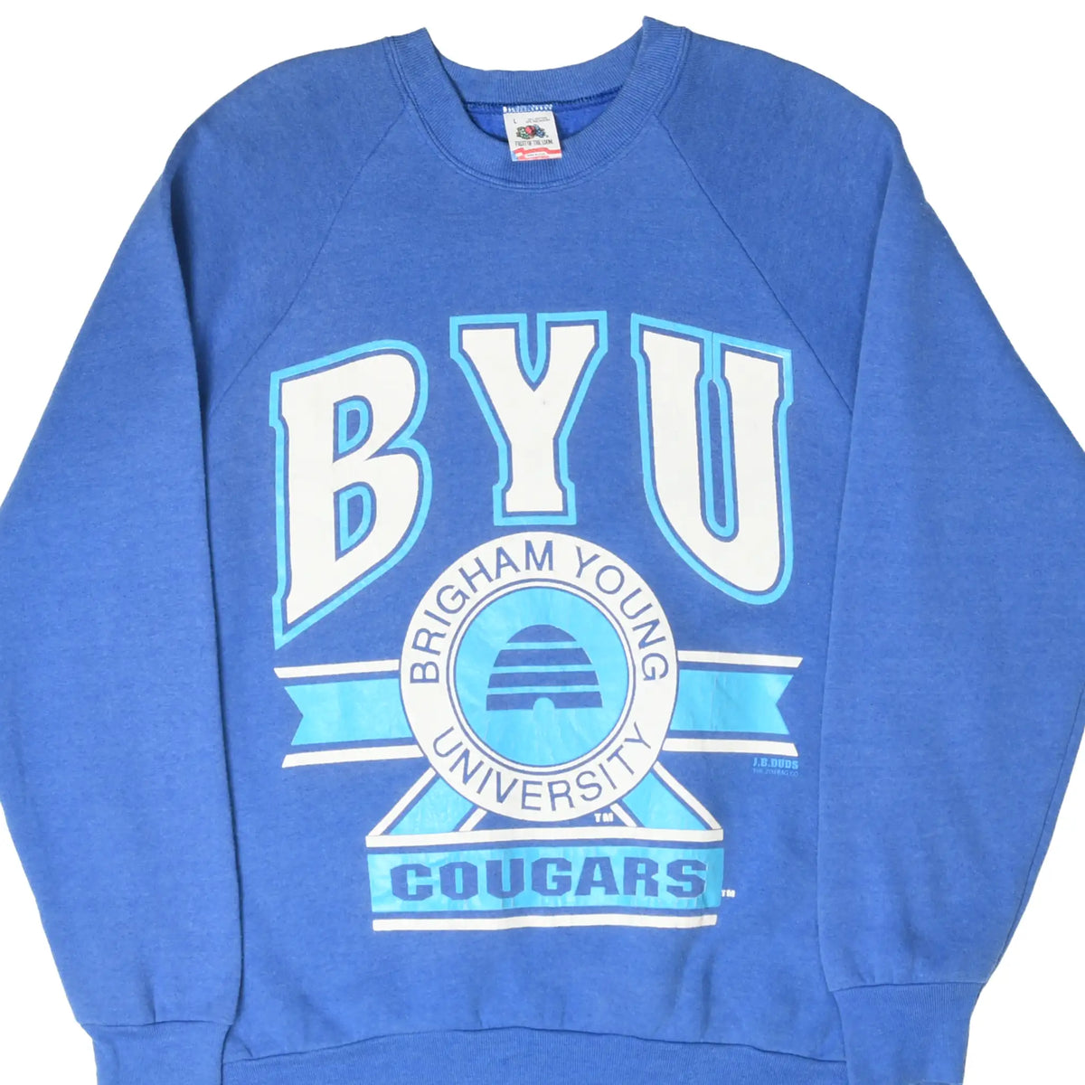 Front of blue BYU Cougars sweatshirt with white and light blue Brigham Young University graphic