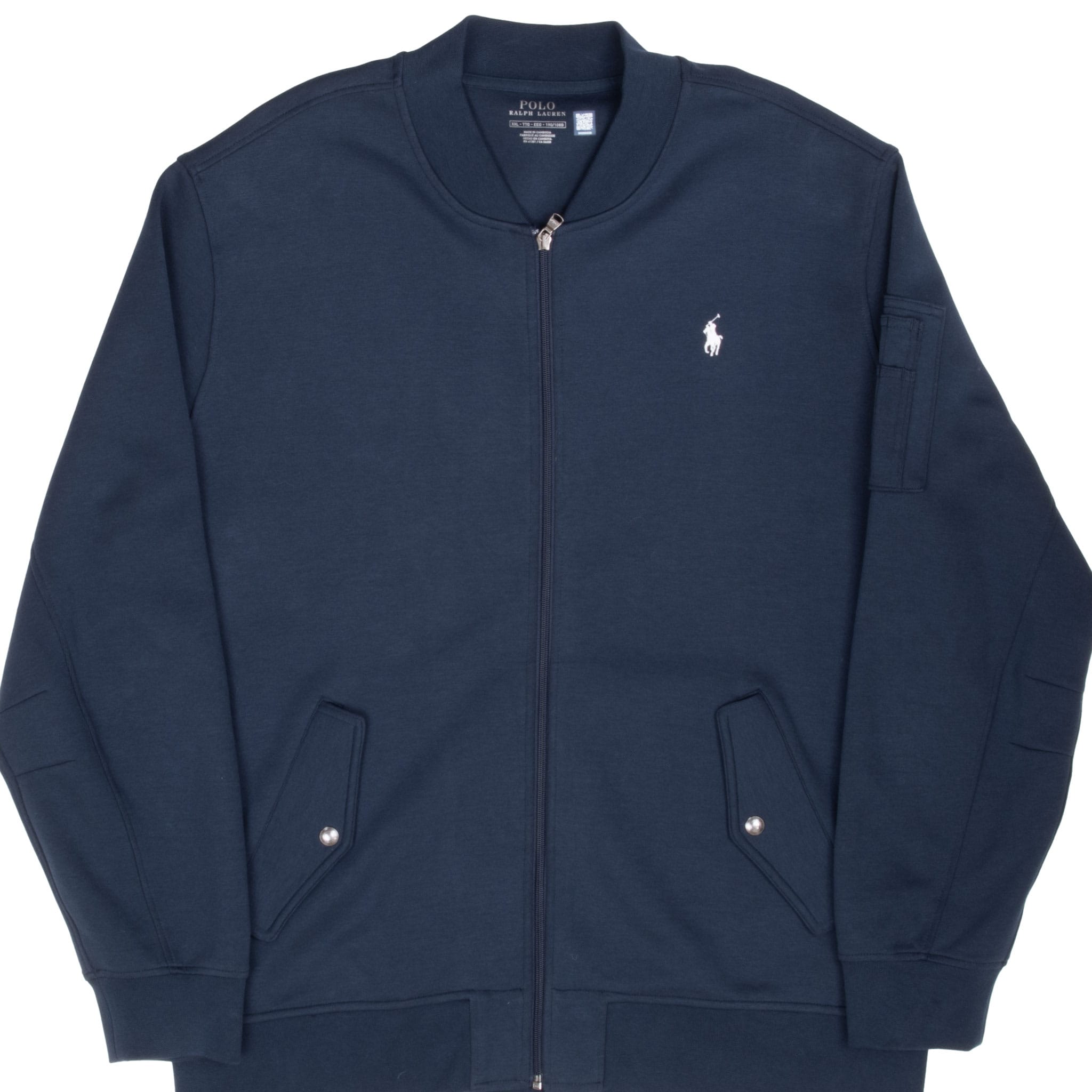 Front of navy Polo Ralph Lauren zip-up sweatshirt jacket with white Pony logo and snap pockets