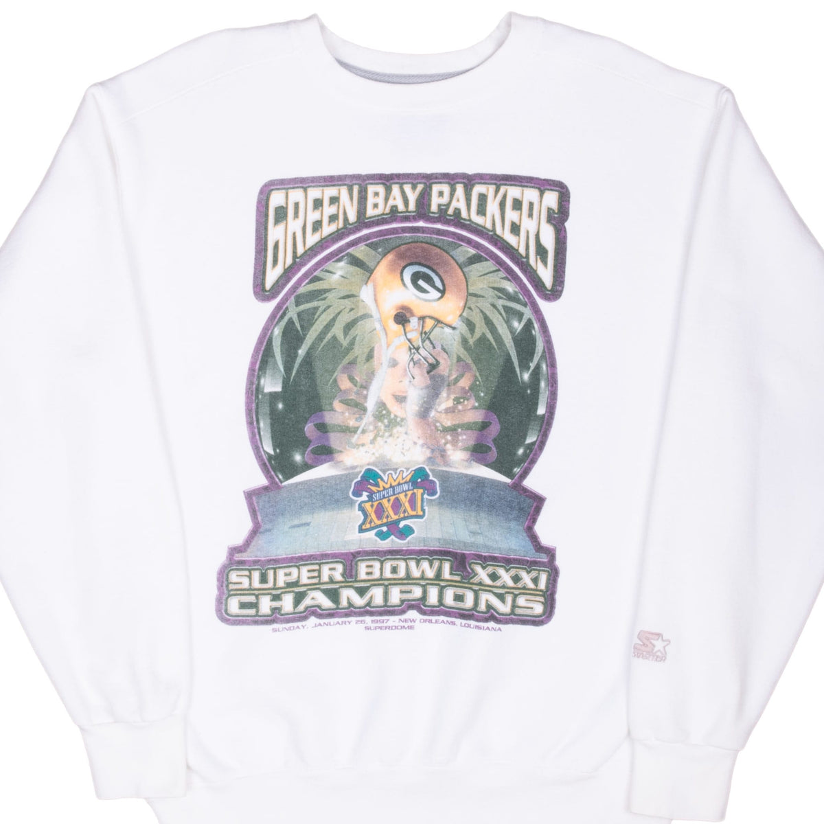 Front of white Green Bay Packers Super Bowl XXXI Champions crewneck sweatshirt with helmet graphic