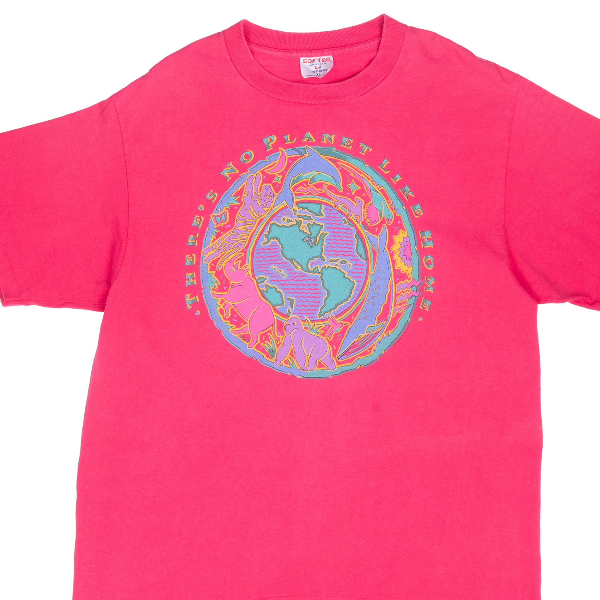 Vintage There Is No Planet Like Home Animal Print Tee Shirt 1990S Size XL Made In Usa With Single Stitch Sleeves