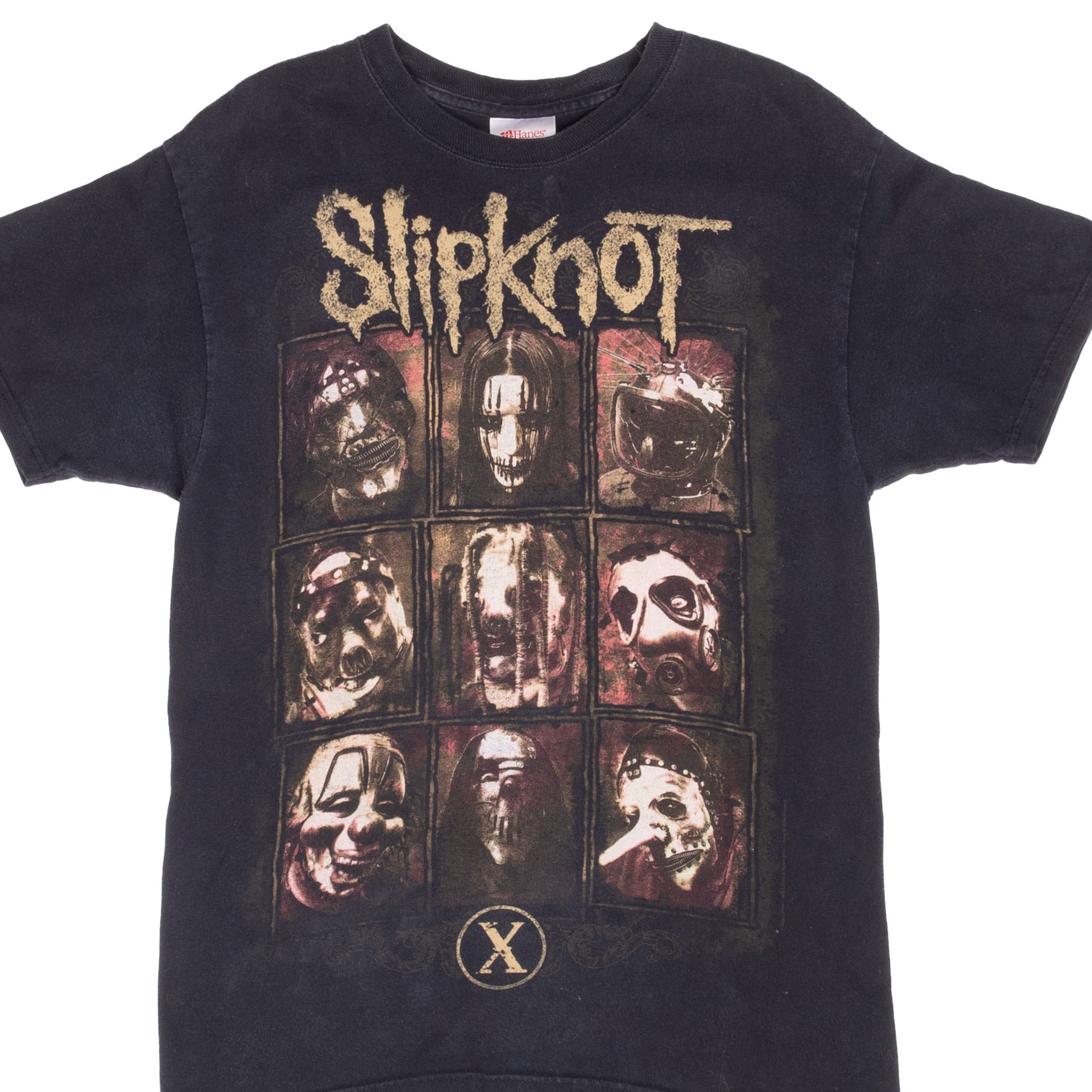 Front of black Slipknot T-shirt with logo, nine masked band portraits and circular X emblem
