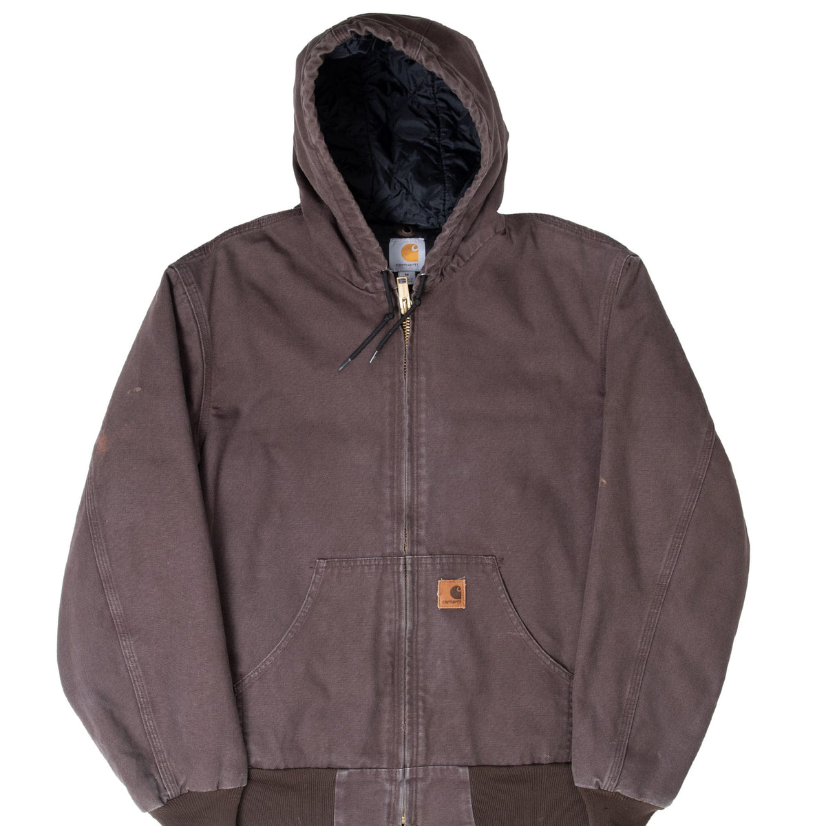 Front view of dark brown Carhartt hooded active jacket with zipper, split pockets and logo patch