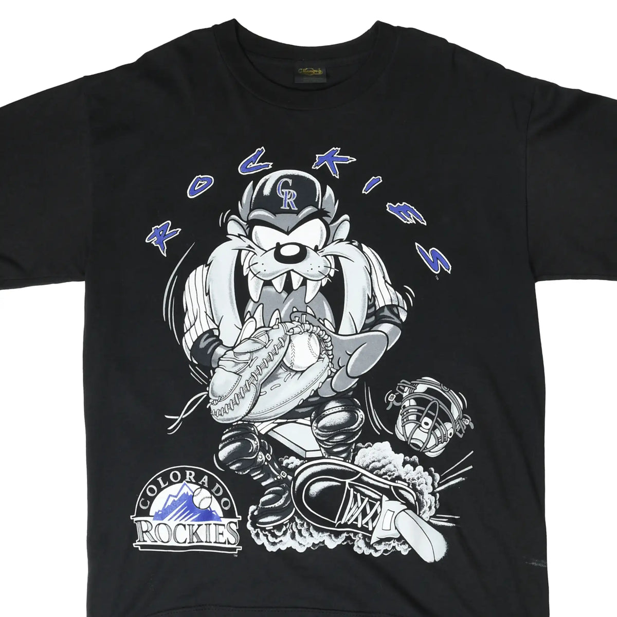 Front graphic detail of black Colorado Rockies T-shirt with Taz in baseball catcher gear