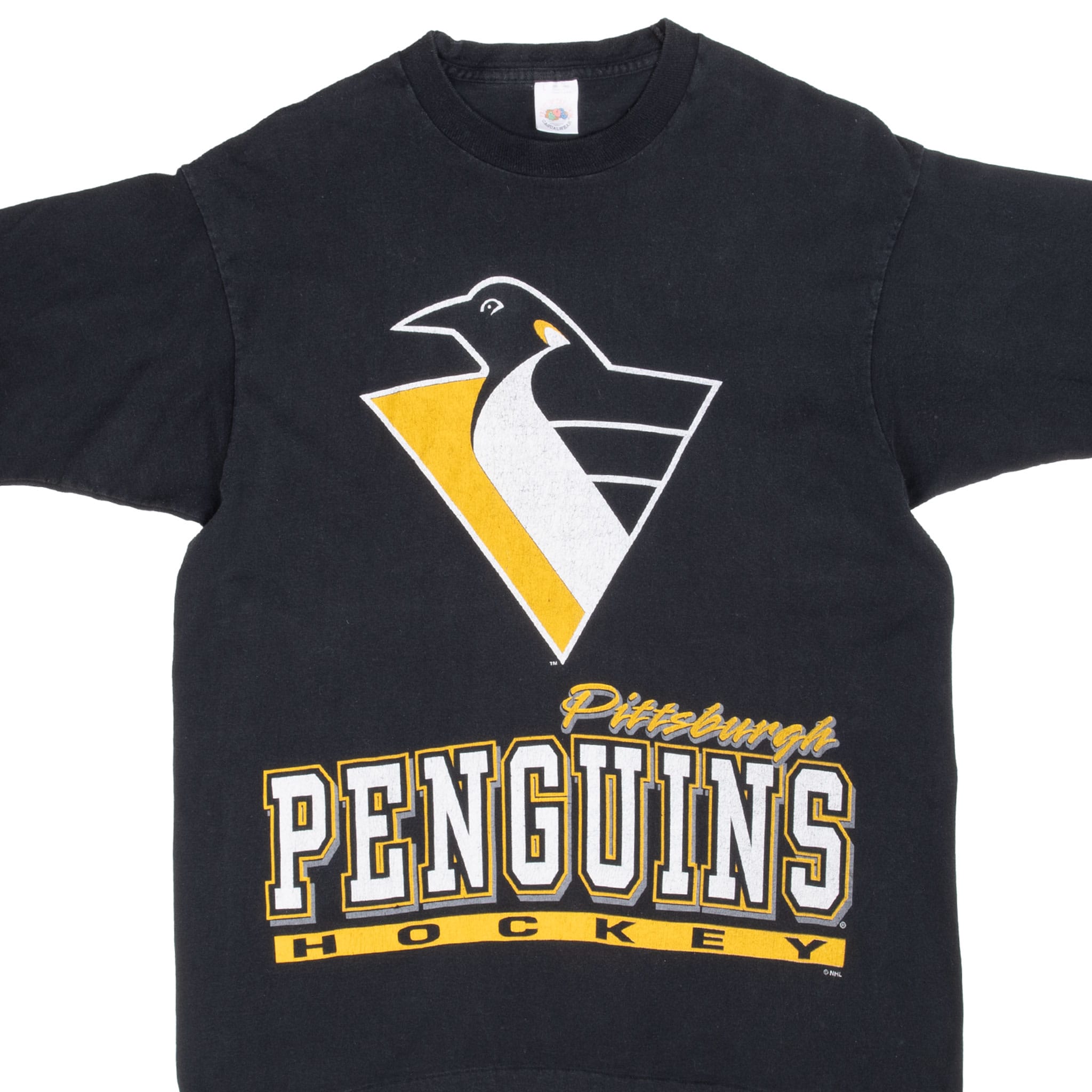 Front upper view of black Pittsburgh Penguins T-shirt with oversized team logo and hockey lettering