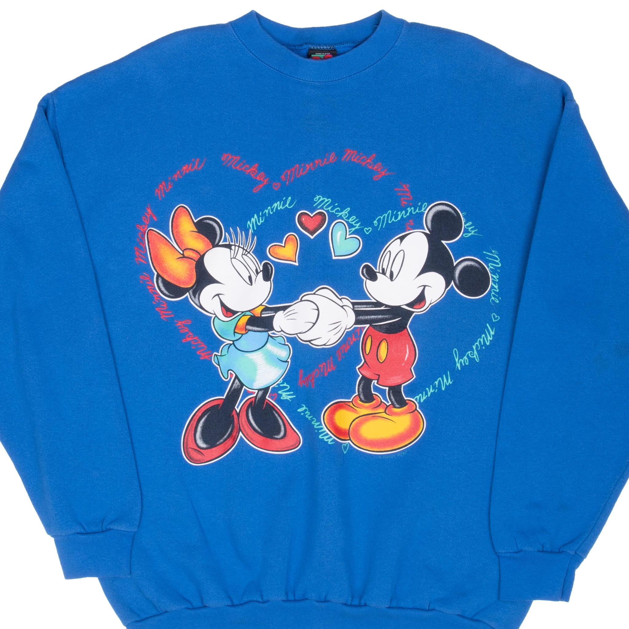 Front of blue Disney sweatshirt with Mickey and Minnie Mouse holding hands amid hearts and script names