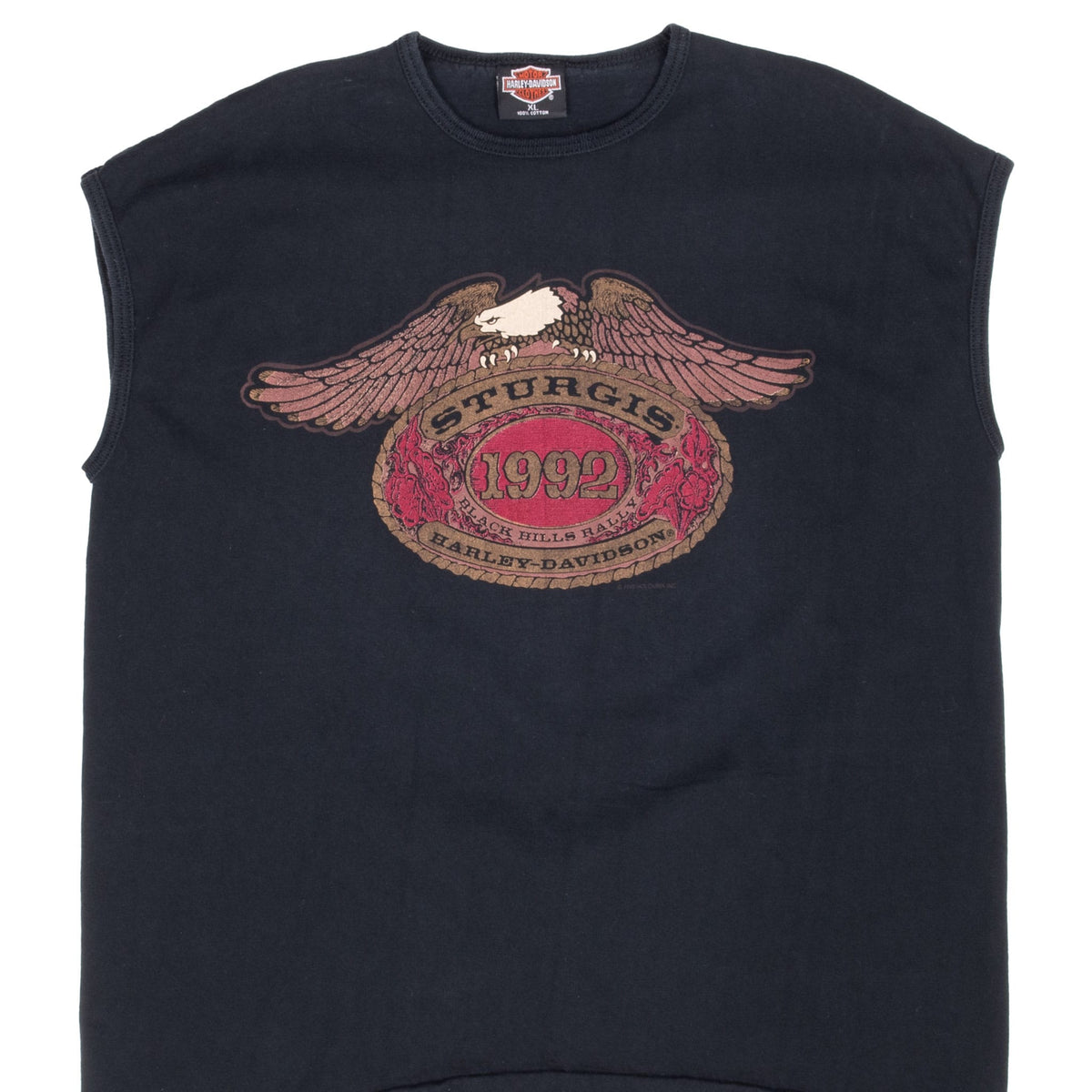 Upper front of black Harley-Davidson tank top with Sturgis 1992 eagle graphic