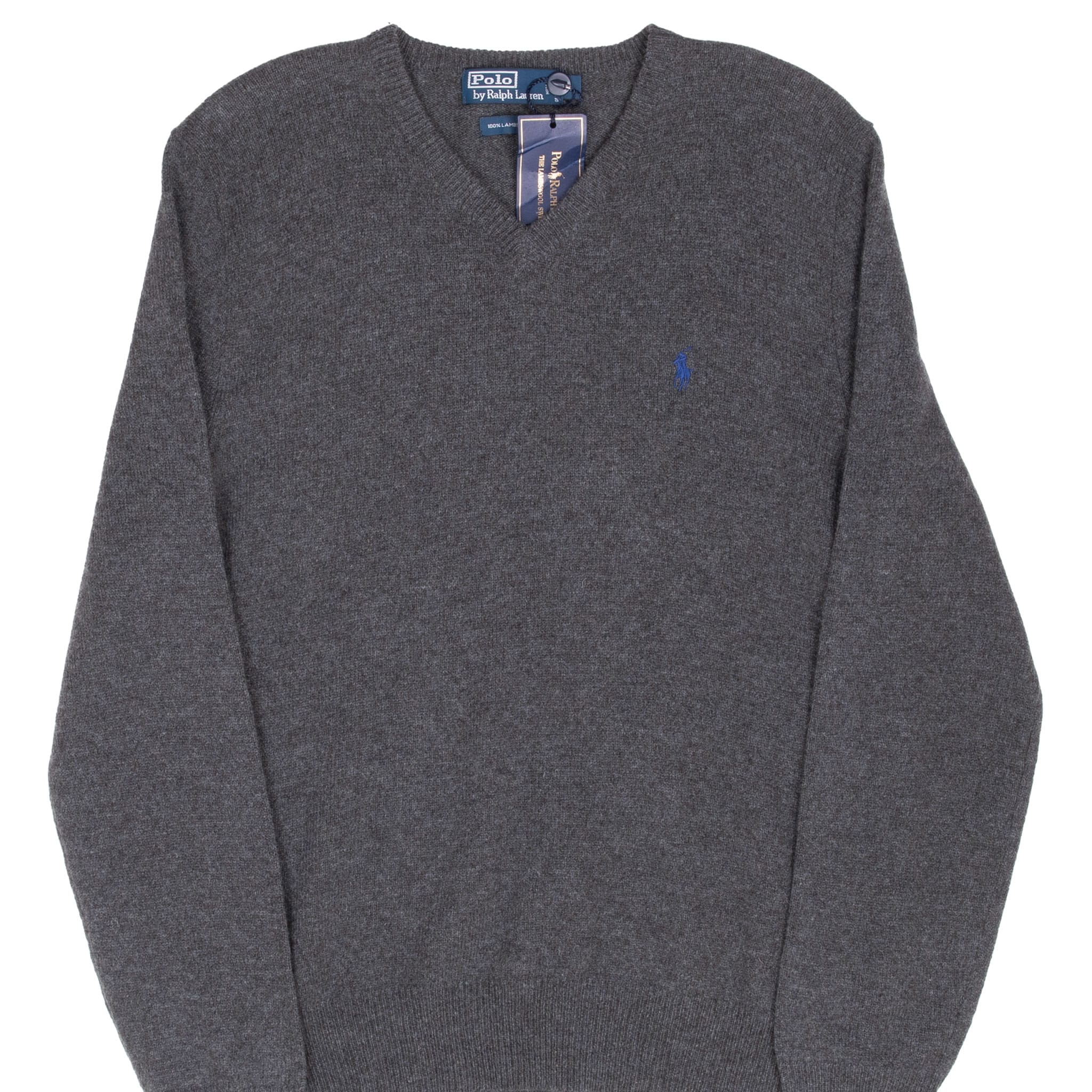 Front of dark grey Polo Ralph Lauren V-neck sweater with blue pony embroidery and hangtags