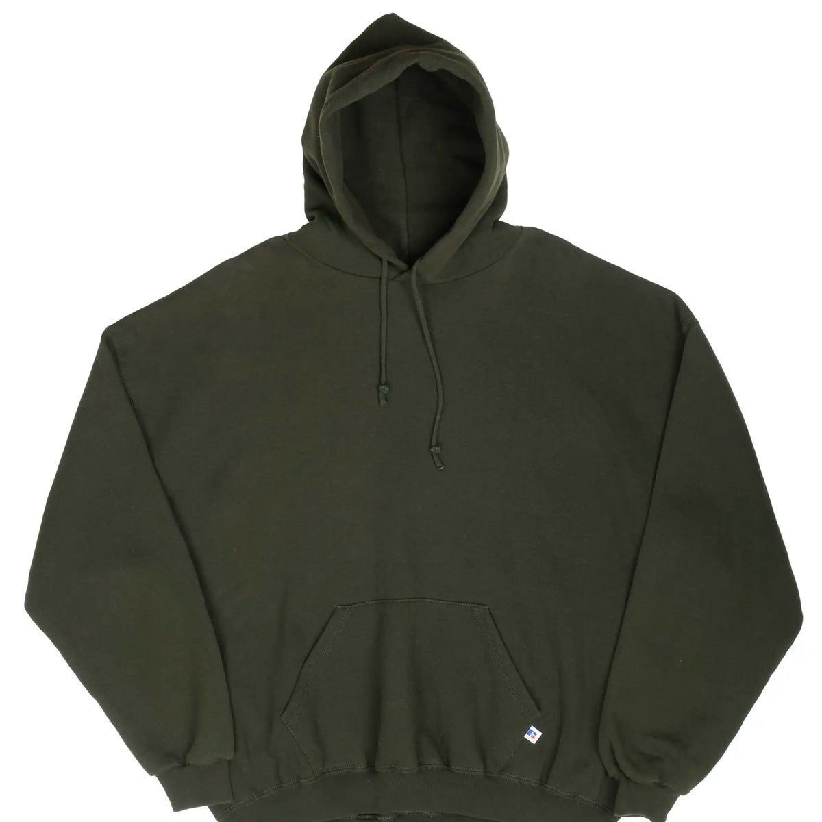 Front of blank khaki green Russell Athletic pullover hoodie with drawstring and kangaroo pocket