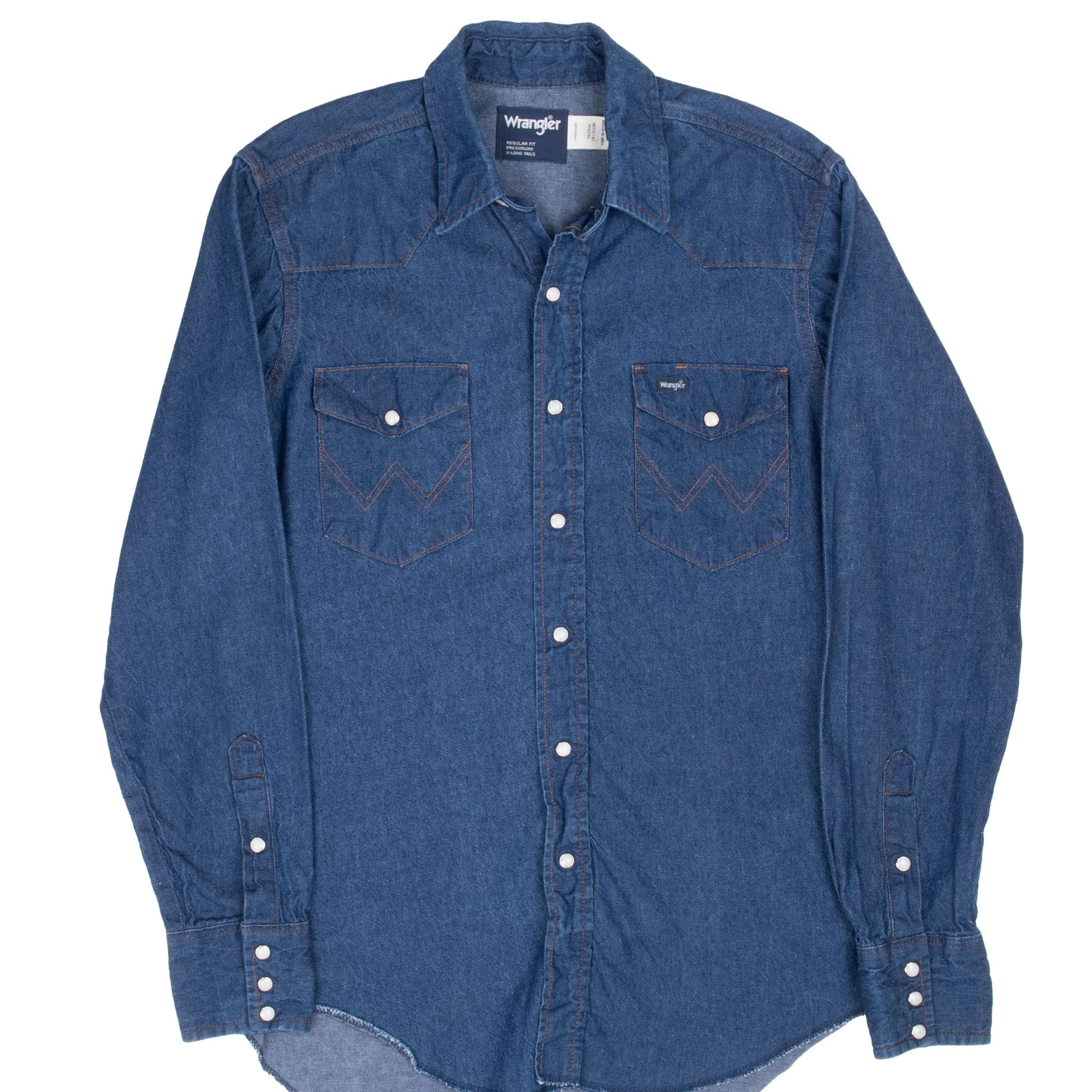 Vintage Wrangler Pearl Snap Button Blue Denim Shirt 1980S Size 15 1/2 X 34 Xlong Tail Made In Usa