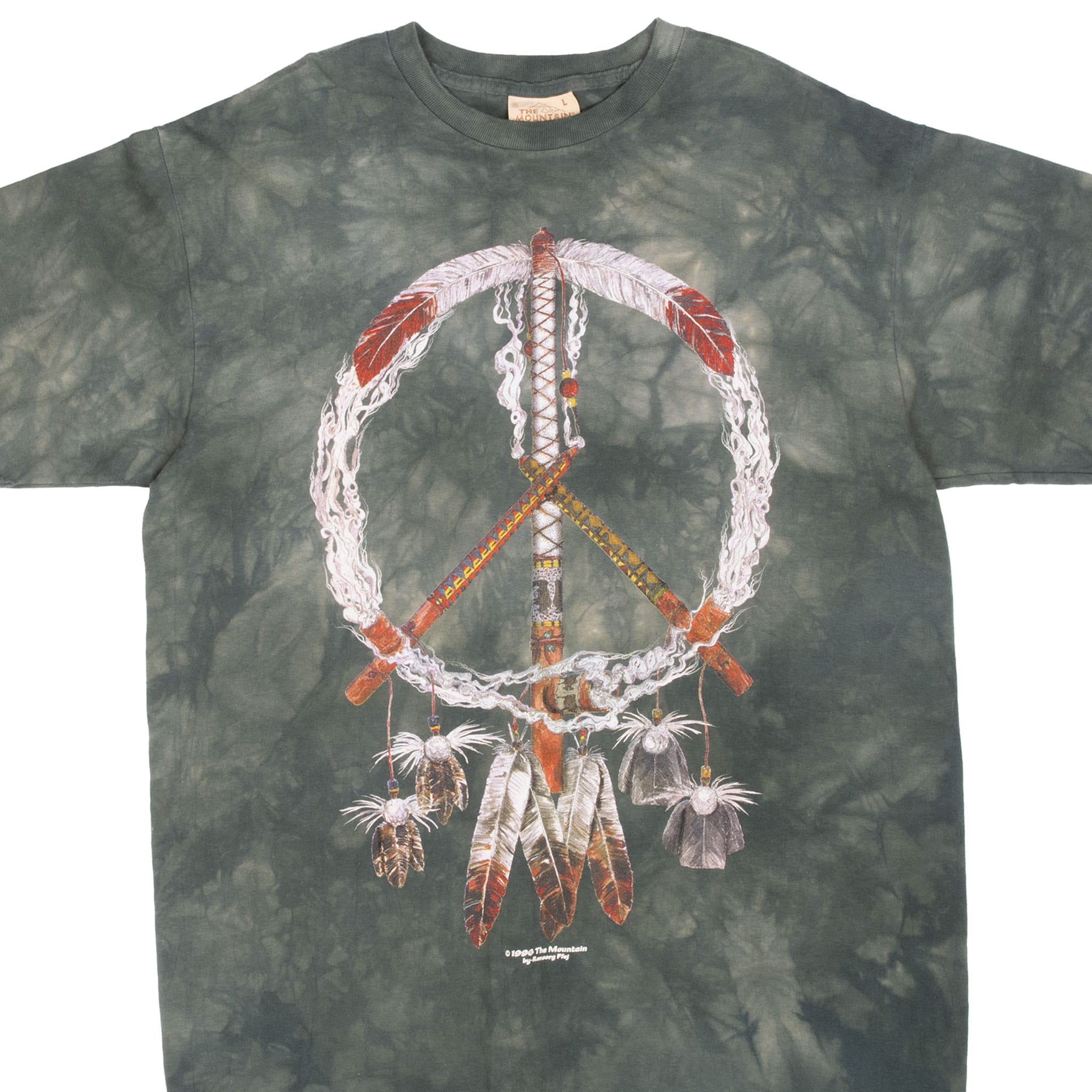 Front of dark green The Mountain T-shirt with feathered dream catcher peace symbol graphic