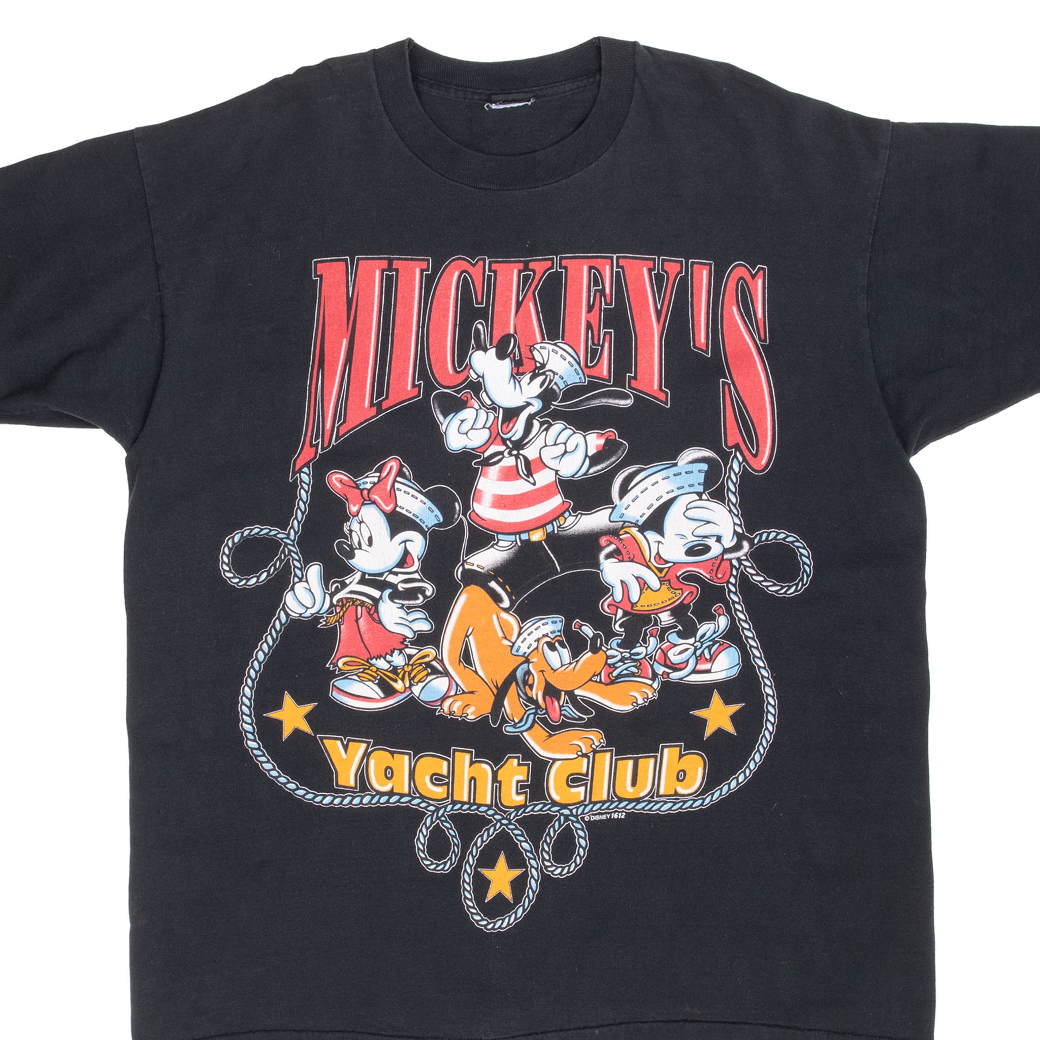 Front of black Disney T-shirt with Mickey's Yacht Club character graphic