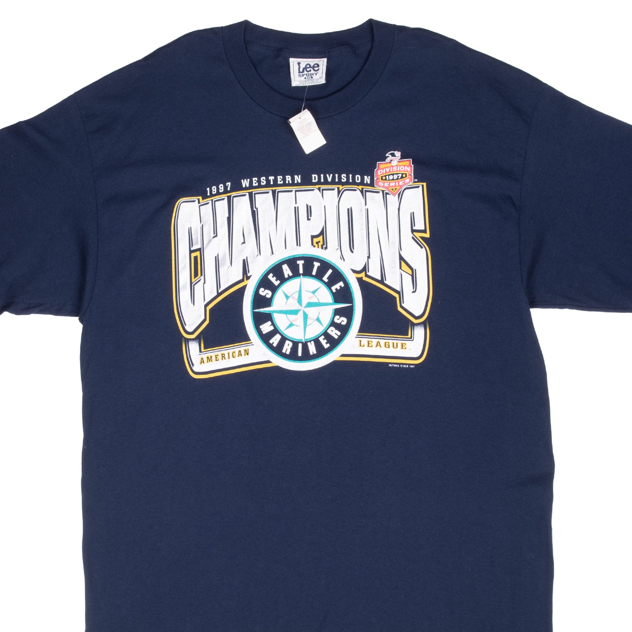 Front upper view of navy Seattle Mariners 1997 Western Division Champions T-shirt