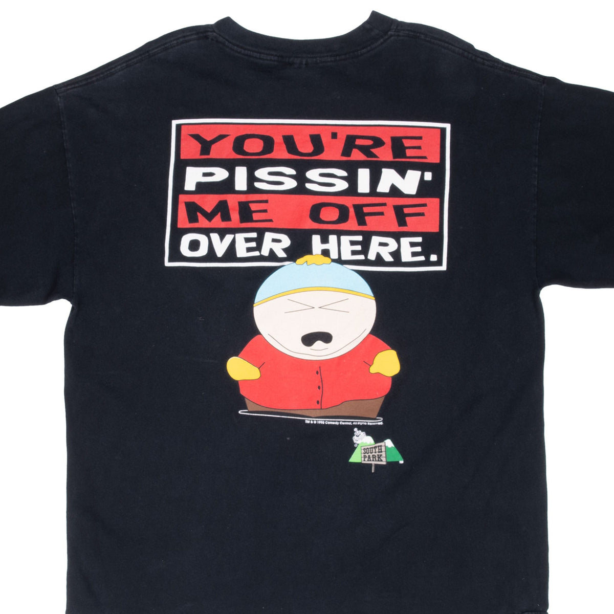 Back graphic of black South Park T-shirt featuring Eric Cartman and bold red and white slogan