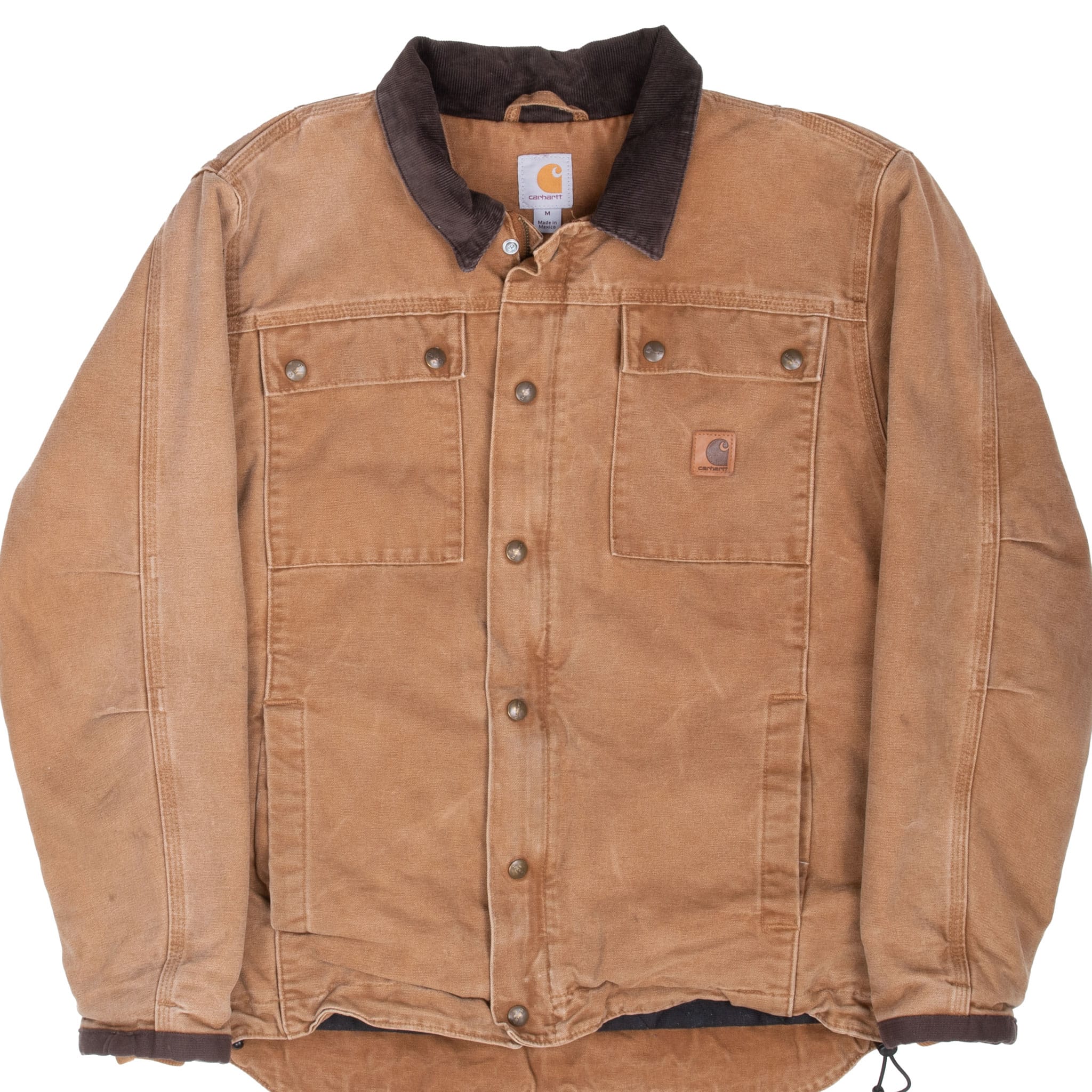 Front of brown Carhartt jacket with dark brown collar, snap-flap chest pockets and logo patch