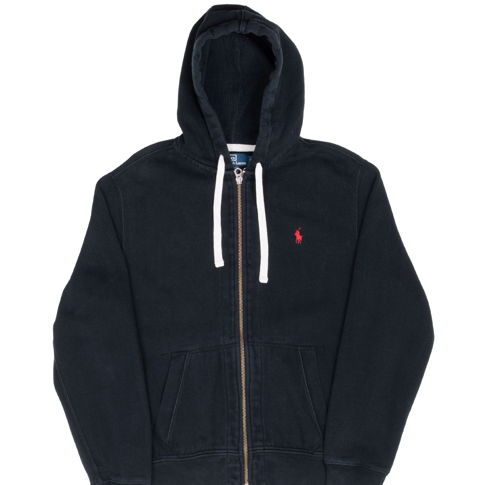 VINTAGE RALPH LAUREN FULL ZIP CLASSIC BLACK HOODIE SWEATSHIRT 1990S MEDIUM