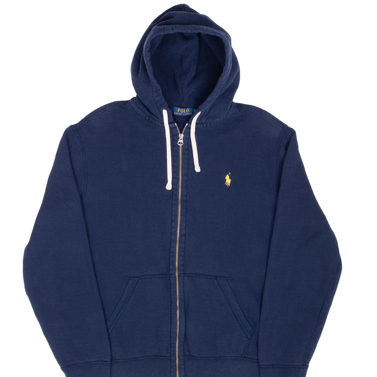 Front of navy blue Ralph Lauren full-zip hoodie with white drawstrings and yellow Polo pony