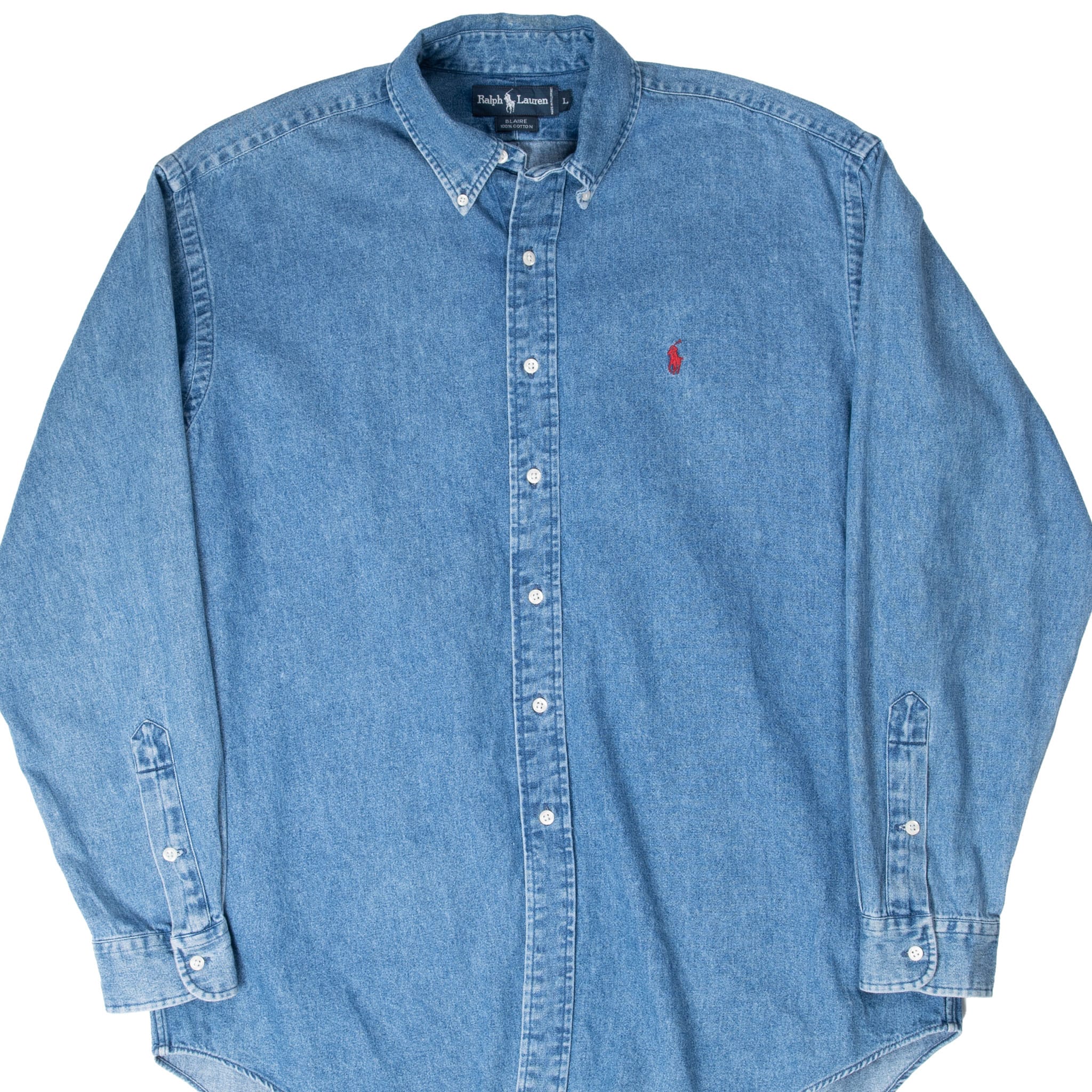 Front of Ralph Lauren blue denim button-down shirt with red Polo pony embroidery