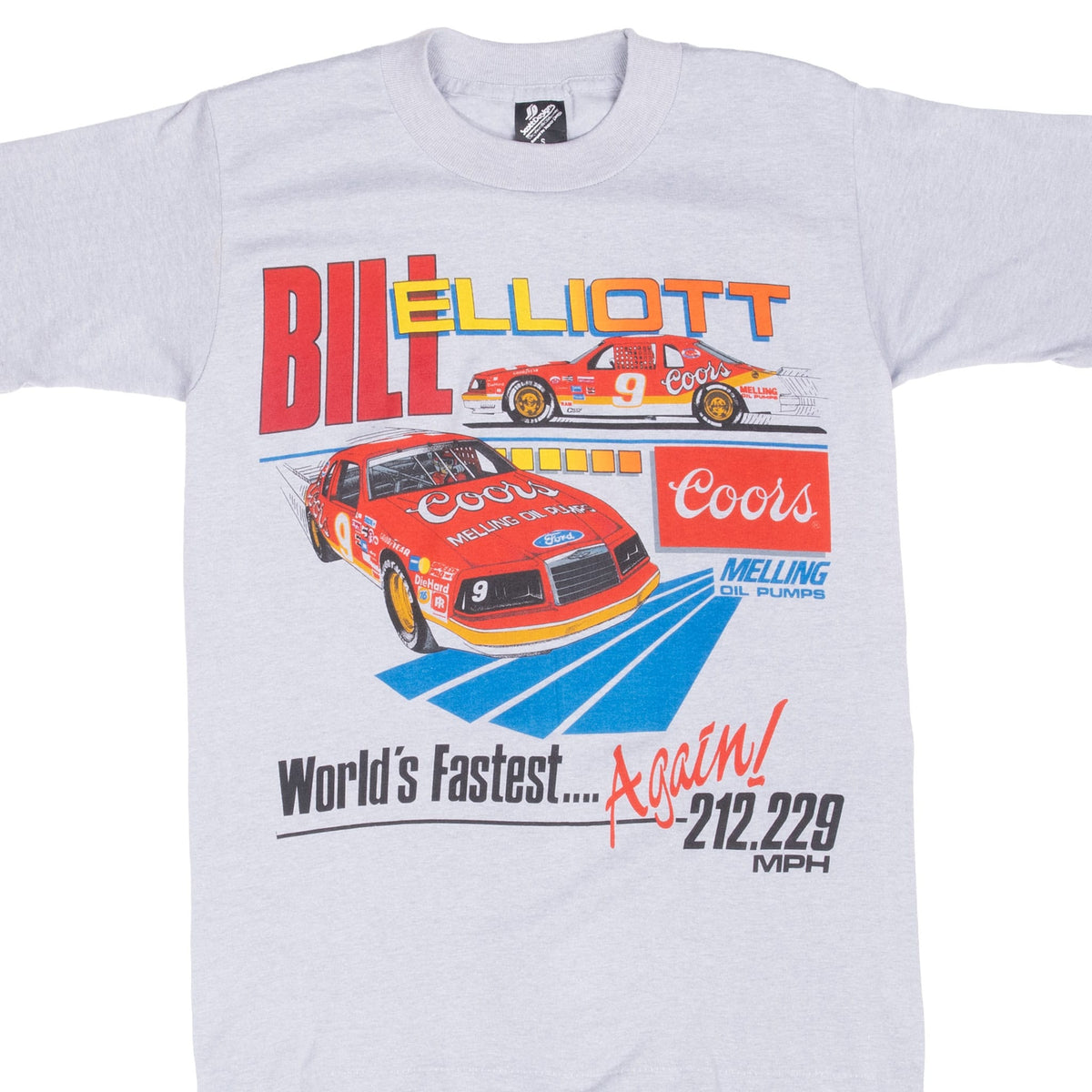 Front of gray Bill Elliott NASCAR T-shirt with red No. 9 Coors cars and World's Fastest graphic