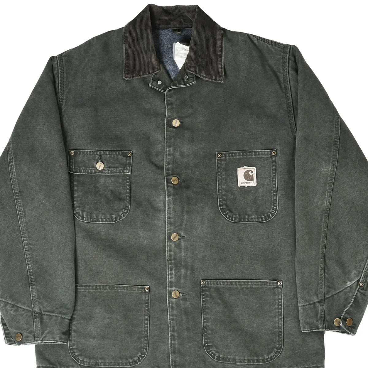 Front of dark moss green Carhartt Michigan chore jacket with four patch pockets and corduroy collar