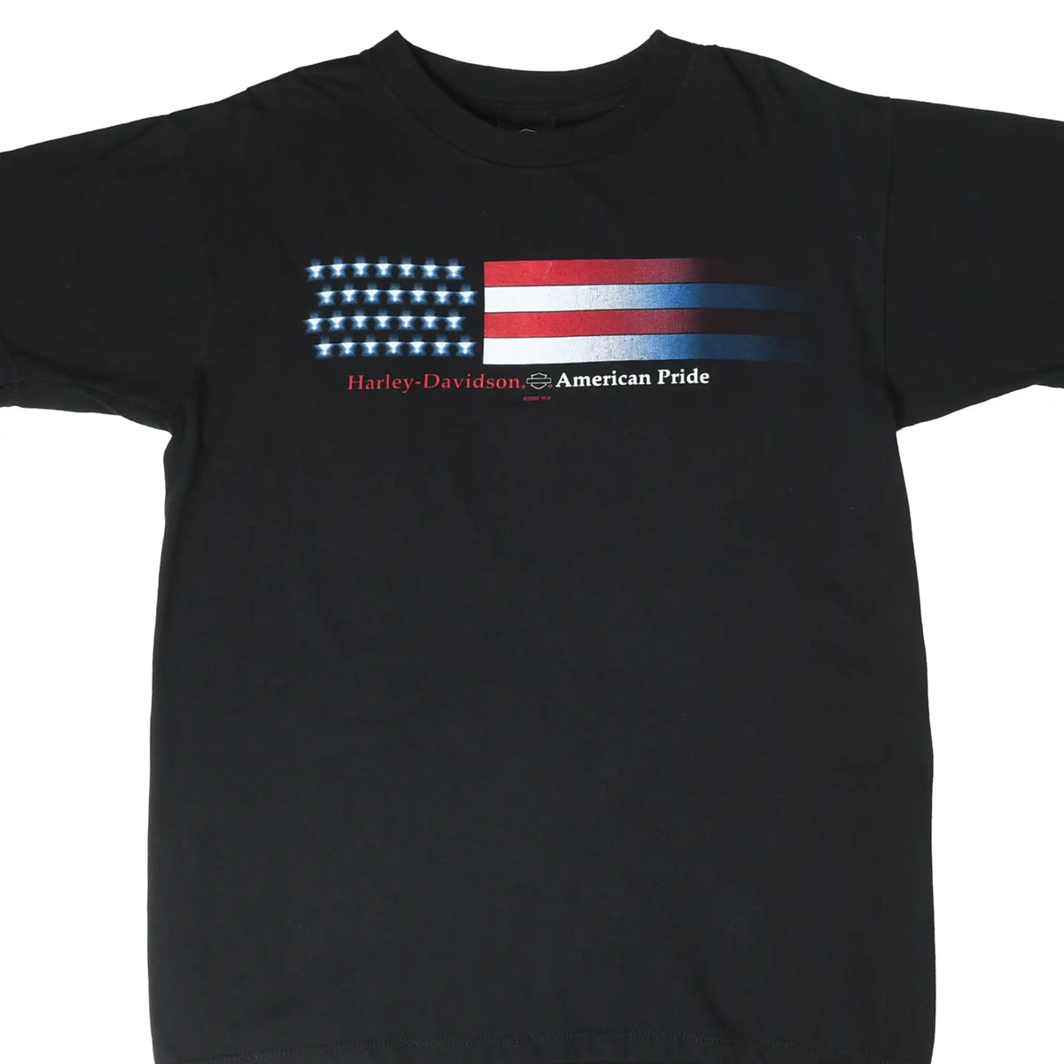 Front of black Harley-Davidson T-shirt with American flag and American Pride chest graphic
