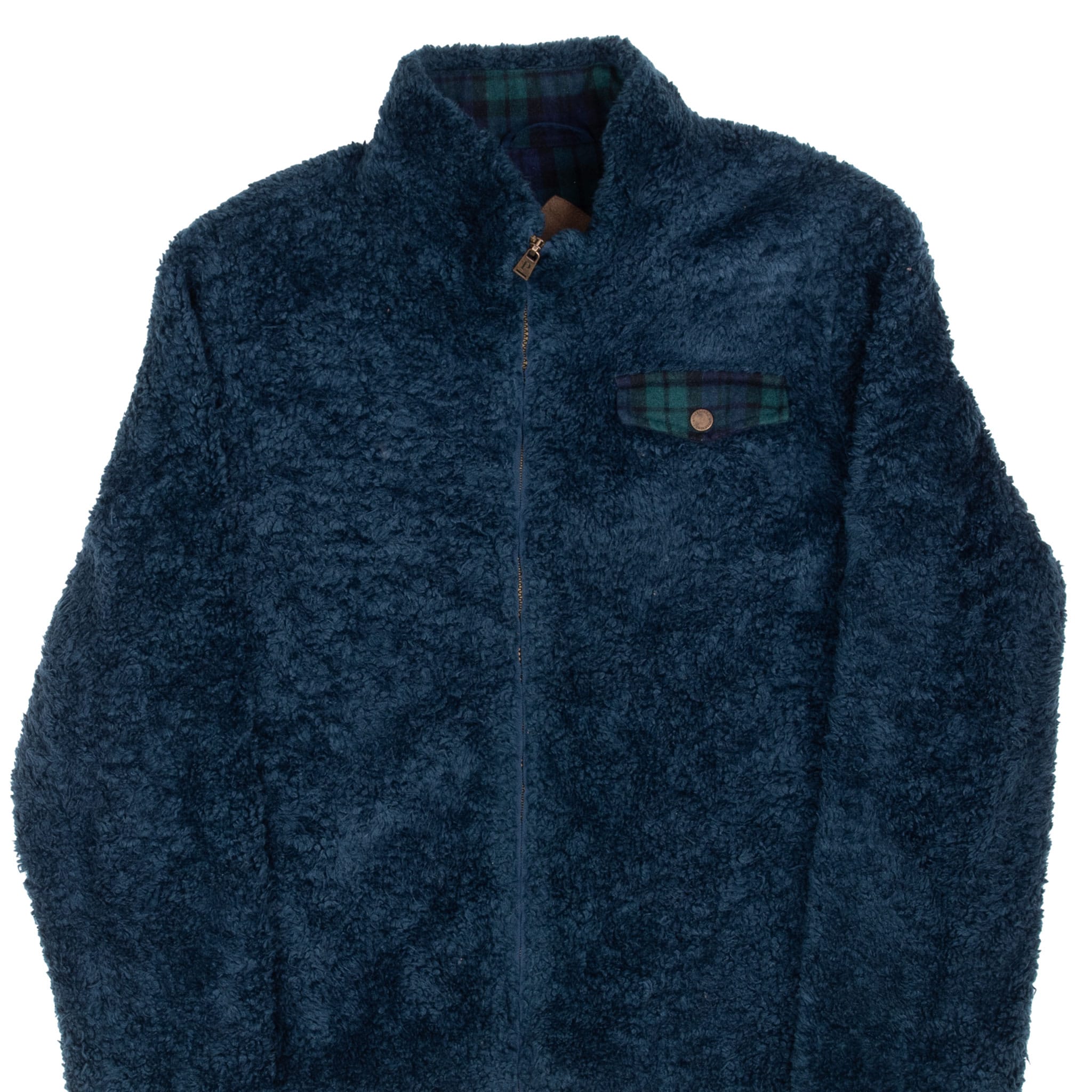 Front upper view of blue Pendleton fleece jacket with plaid-trimmed chest pocket