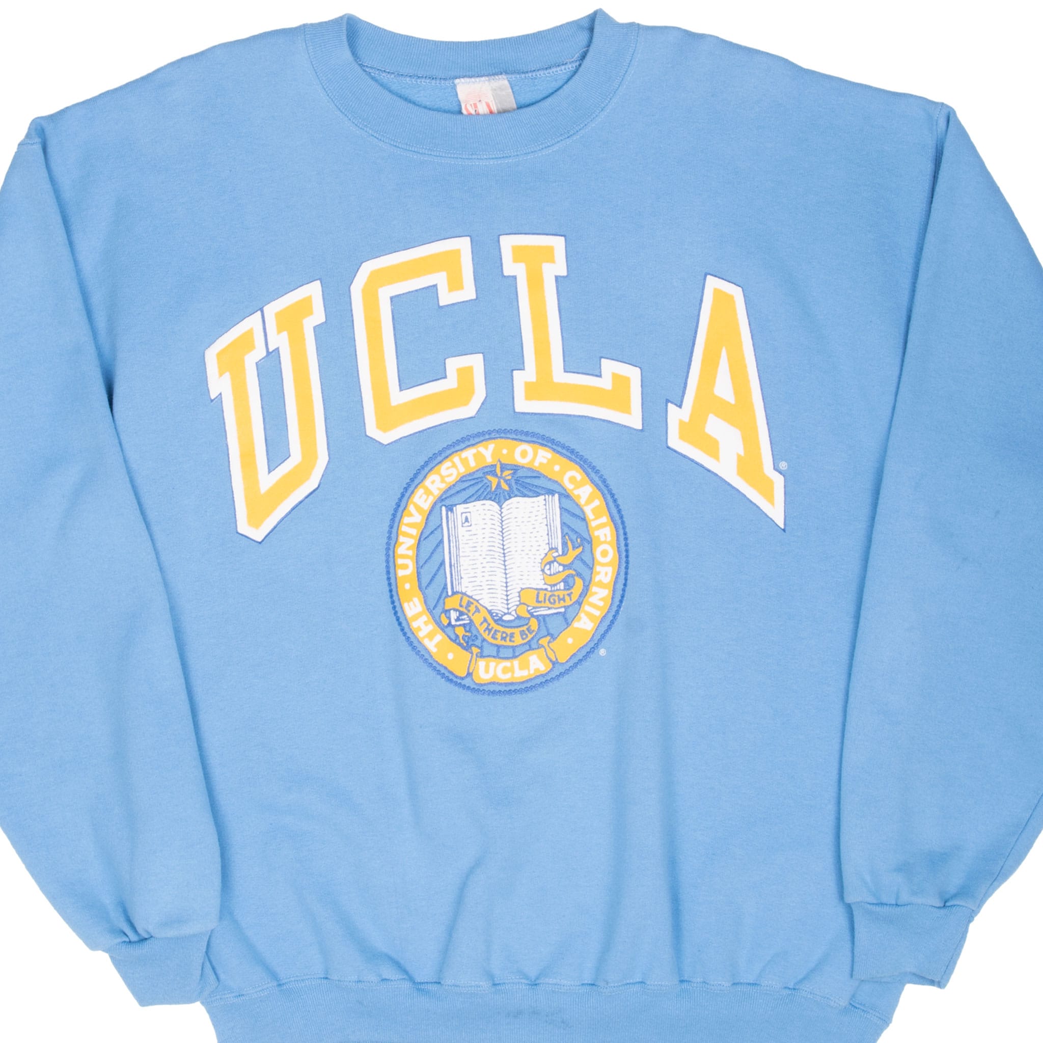 Front of blue UCLA crewneck sweatshirt with gold and white lettering and university seal