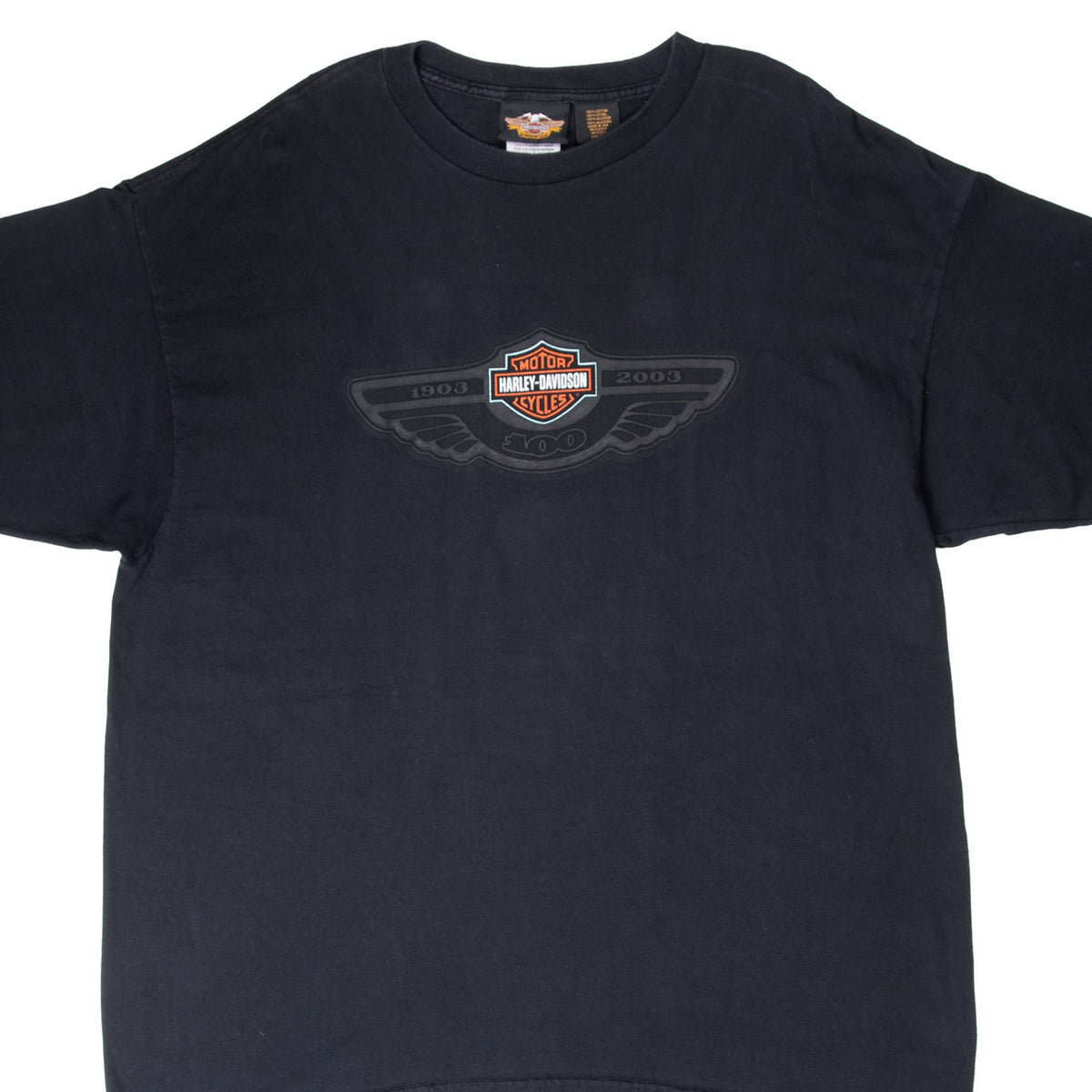 Front of black Harley-Davidson T-shirt with winged 100th anniversary chest graphic