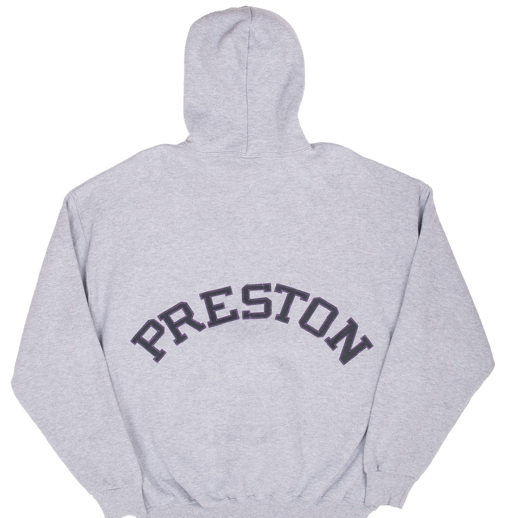 Back of grey Russell Athletic zip-up hoodie with dark arched PRESTON lettering