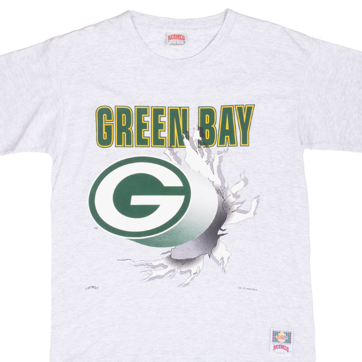 Front of gray Green Bay Packers T-shirt with G logo breakout graphic and Nutmeg hem label