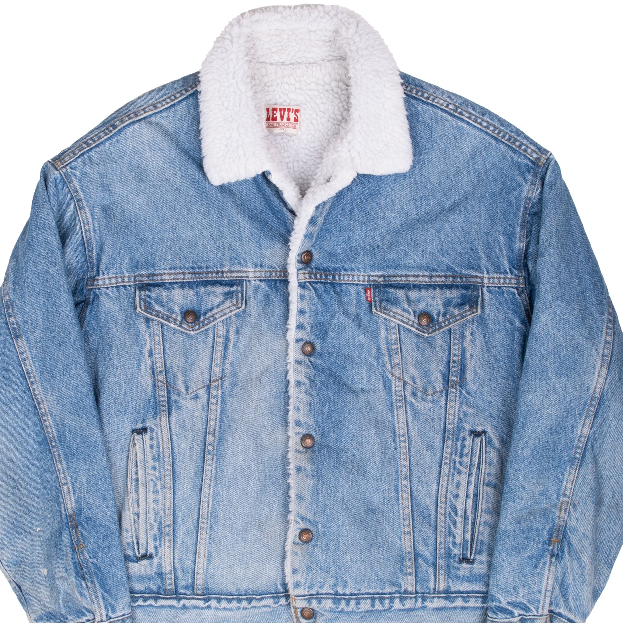 Vintage Levis Sherpa Trucker Blue Denim Jacket 1980S Size XL Made In Usa