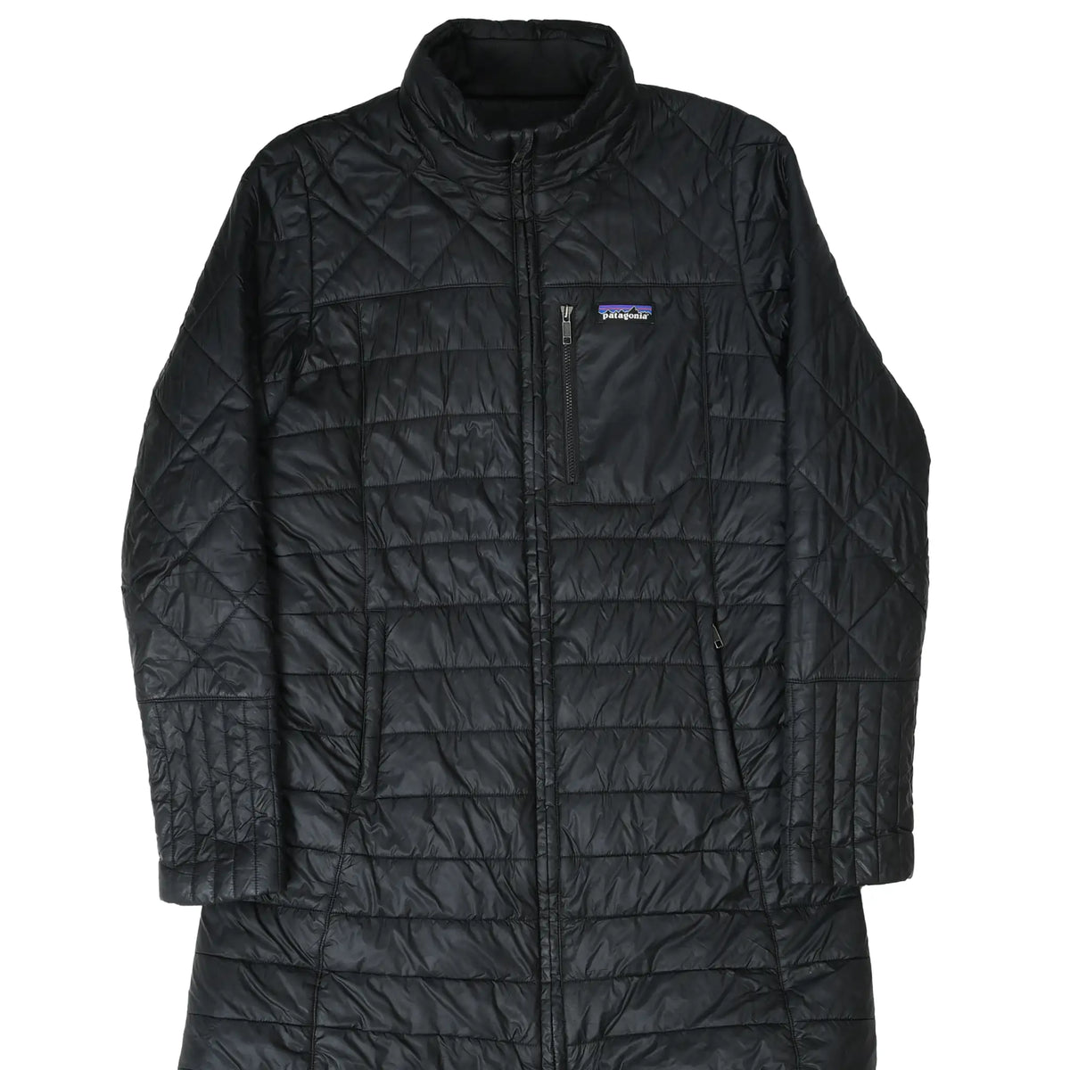 Front of black Patagonia Radalie quilted parka with full zip and three zip pockets