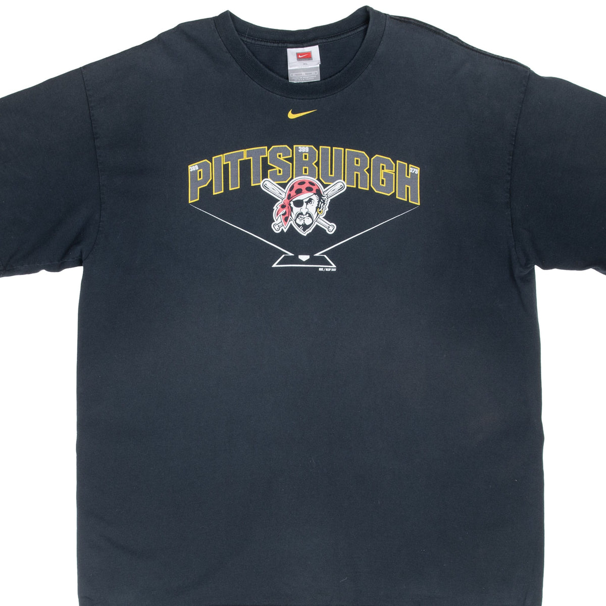 Front of black Nike Pittsburgh Pirates T-shirt with yellow Swoosh and centered baseball graphic