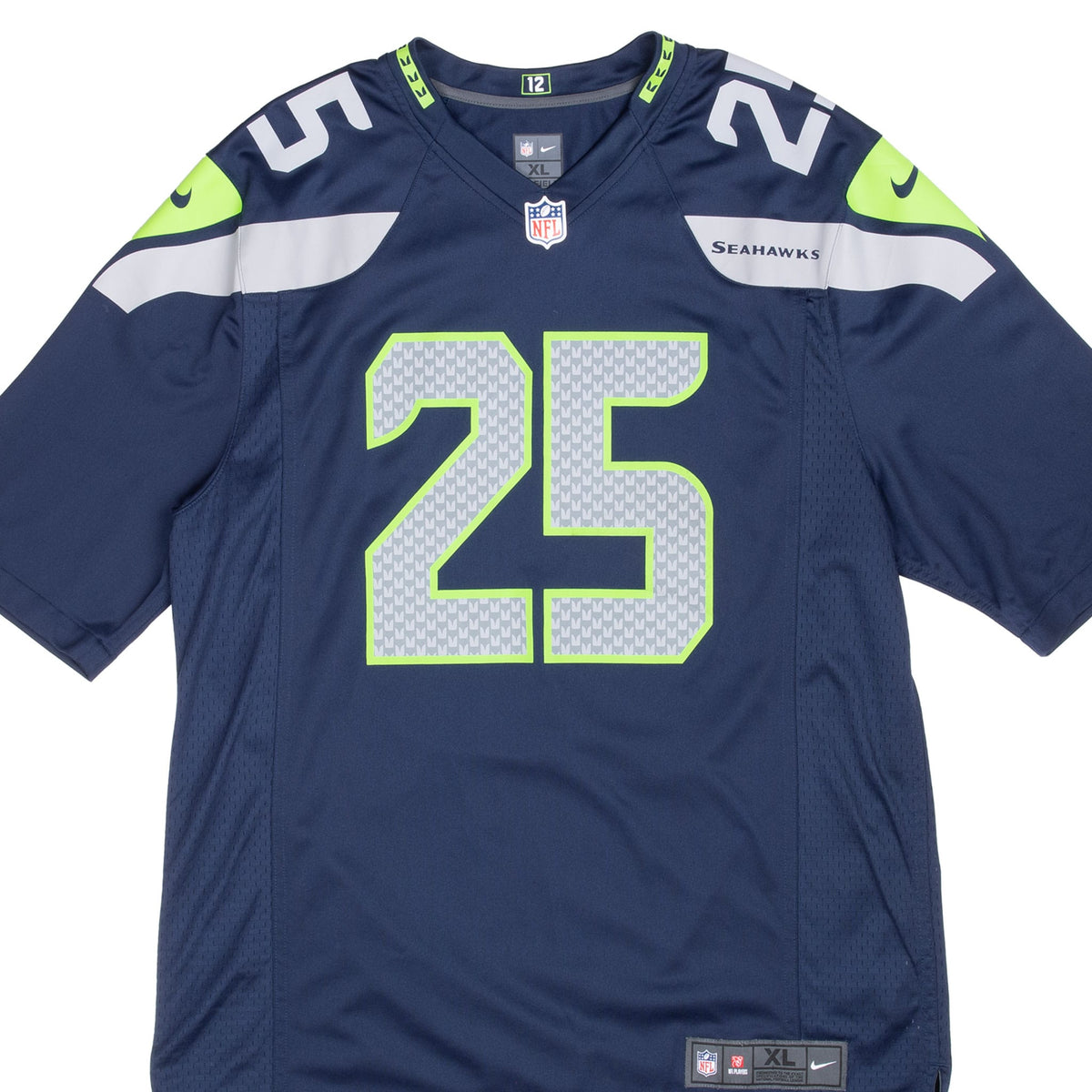 Front detail of navy Nike Seattle Seahawks Richard Sherman number 25 jersey